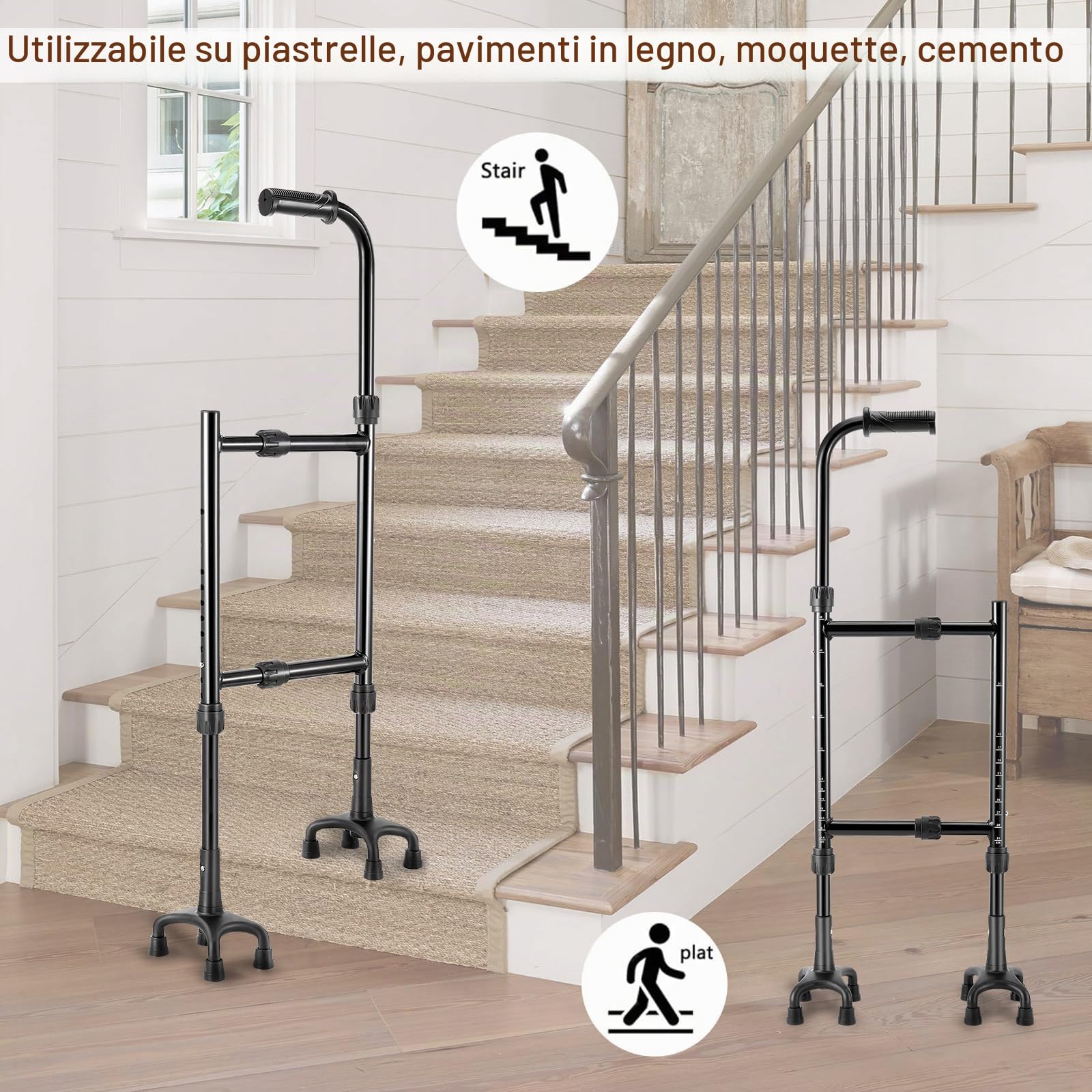 Bastone Passeggio, Ausilio Per Salire Le Scale Stampelle Per Anziani Altezza (85-115Cm) E Larghezza (22-36Cm) Regolabili Base Quadrupla Versatile Bastone Passeggio/Ausilio Salire Scale Design 2 In 1