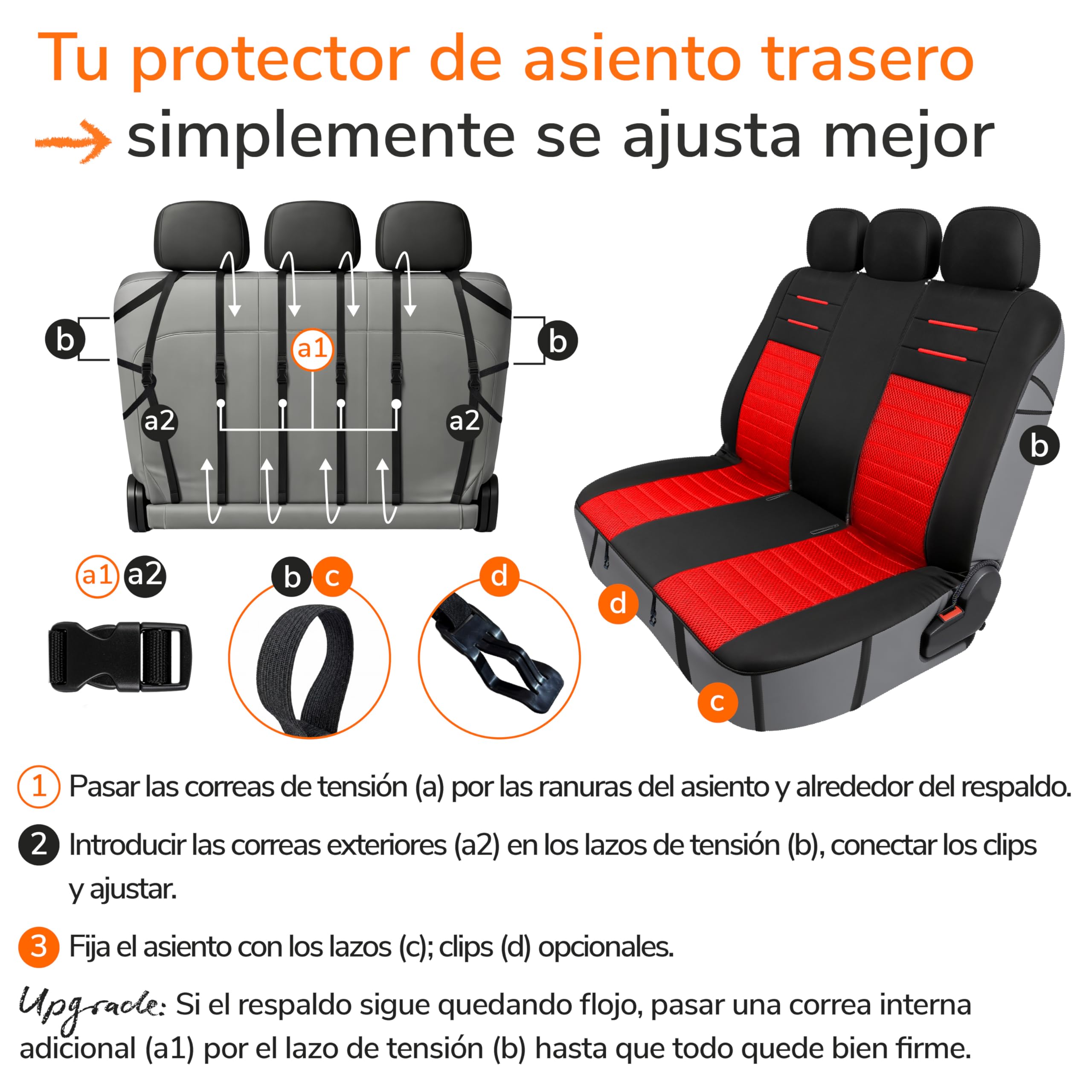 Upgrade4cars Fundas Asientos Set Universal Versión 2026 | Protectores para Delanteros y Trasero en Rojo | Accesorios Coches Interior Decoración