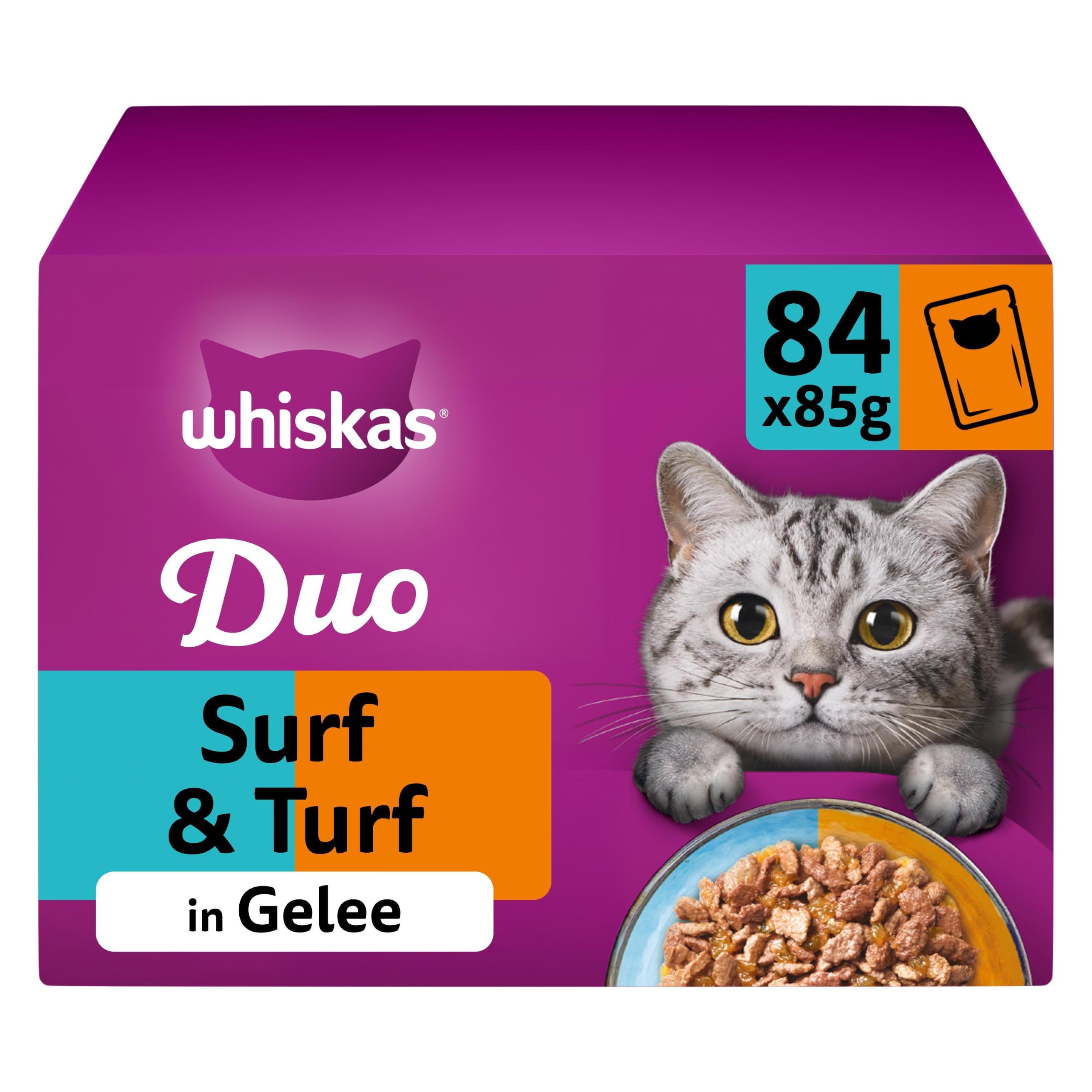 Whiskas Adult 1+ Katzennassfutter Tasty Duo Surf & Turf in Gelee, 84 Portionsbeutel, 84x85g (1 Großpackung) – Hochwertiges Katzenfutter nass, für ausgewachsene Katzen
