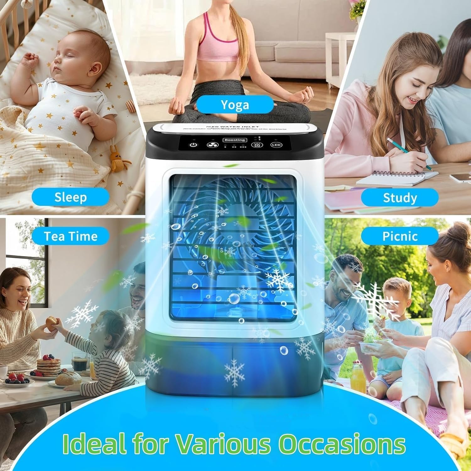 Mini Air Conditioner Fan - 3-in-1 Evaporative Air Cooler with Dual Mist & Ice Pack, Cools up to 16C, 22dB Ultra Quiet, 6 Speeds, 1-6H Timer, Auto Swing, Portable USB Desk Fan for Office Bedroom Home