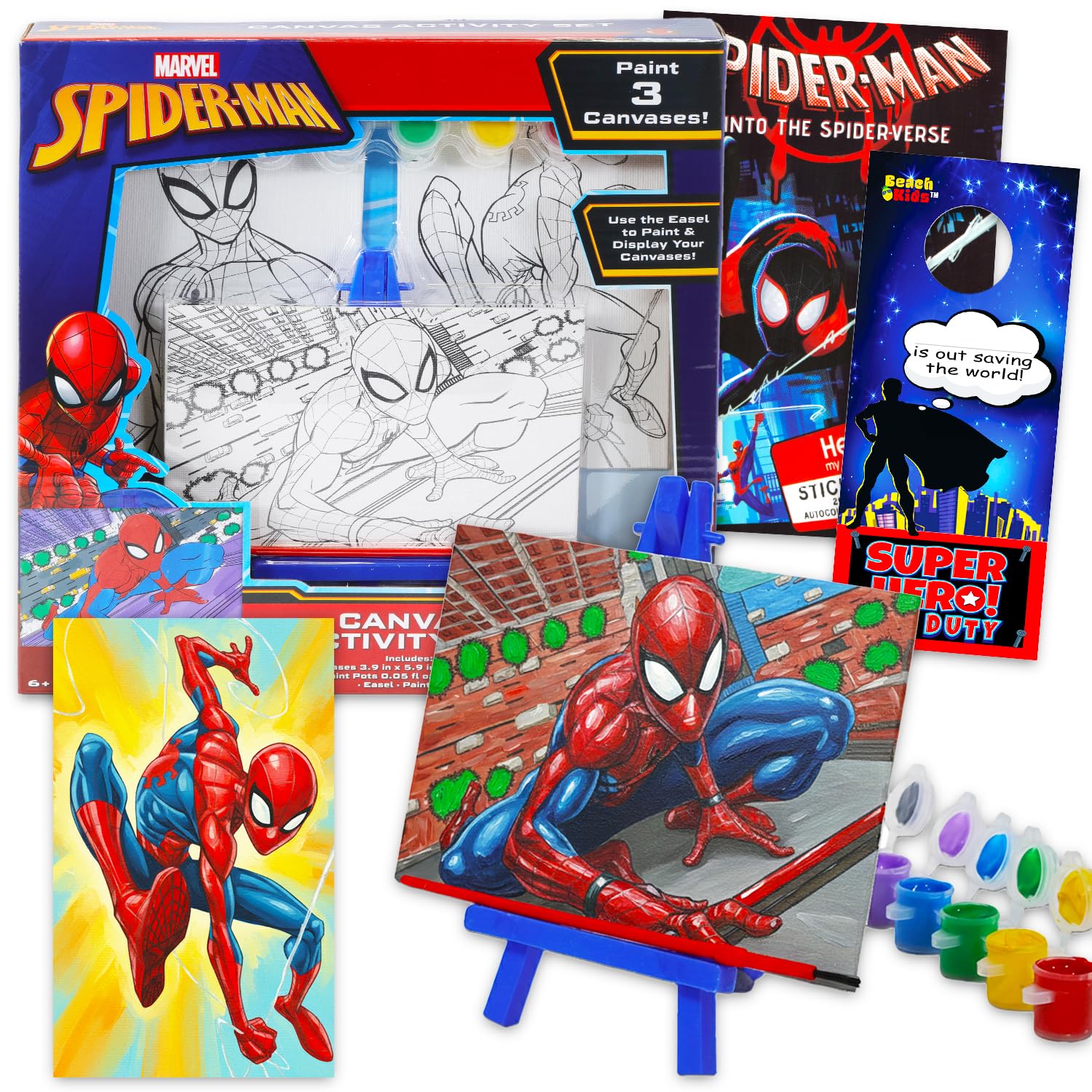 Marvel Spiderman Painting Set for Boys - Spiderman Art Supplies Bundle with 3 Canvases, Paint, Easel, Stickers, More | Boys Arts and Crafts Gifts for