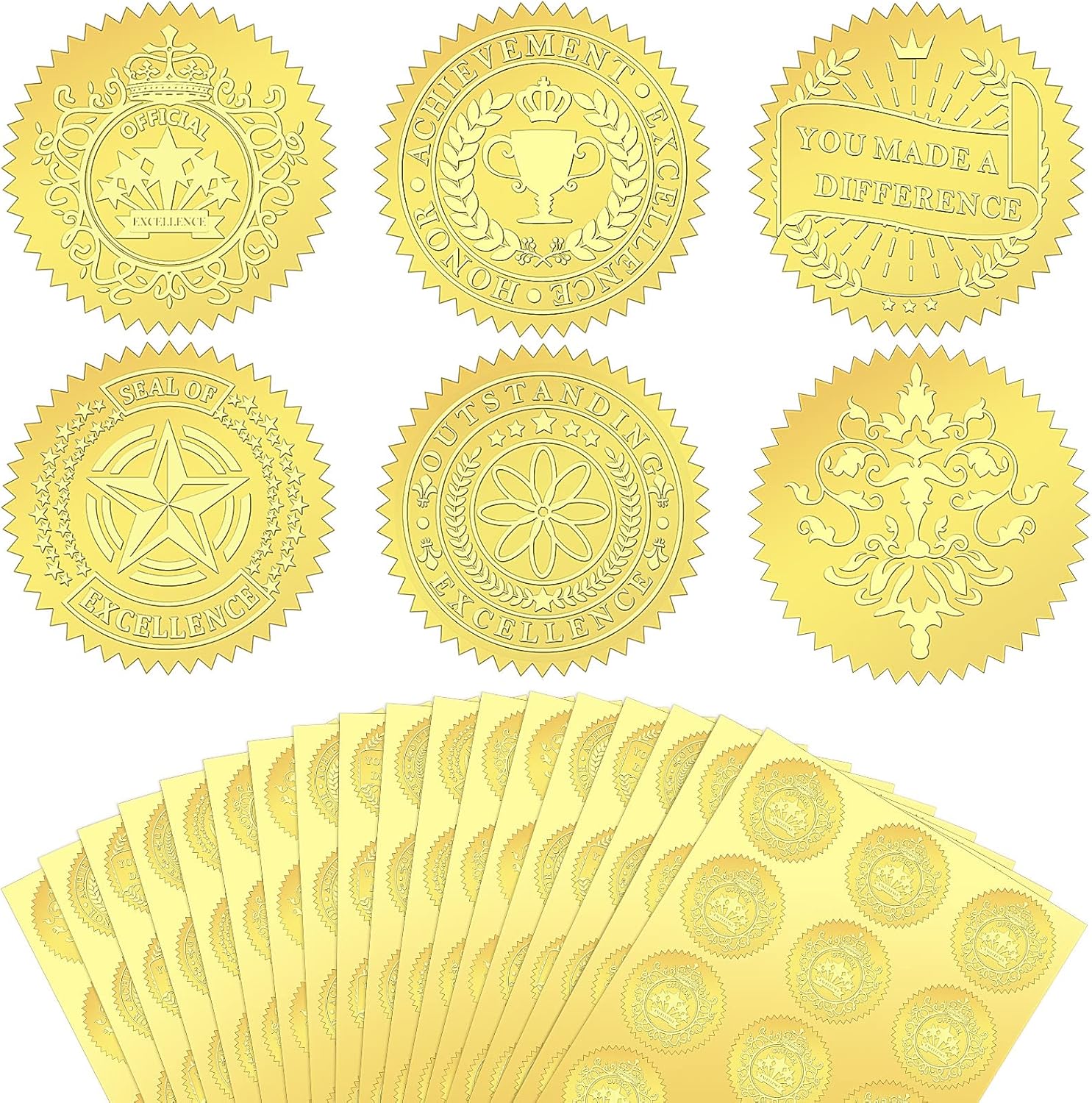 216 Pcs Embossed Gold Foil Certificate Seal Achievement Gold Stickers Embossed
