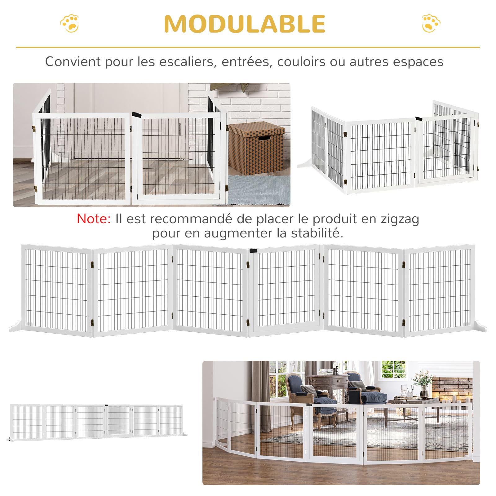 PawHut Barrière de sécurité Chien barrière autoportante barrière modulable Pliable 6 Panneaux 2 Pieds Support Bois de pin 432 x 36 x 70 cm Blanc