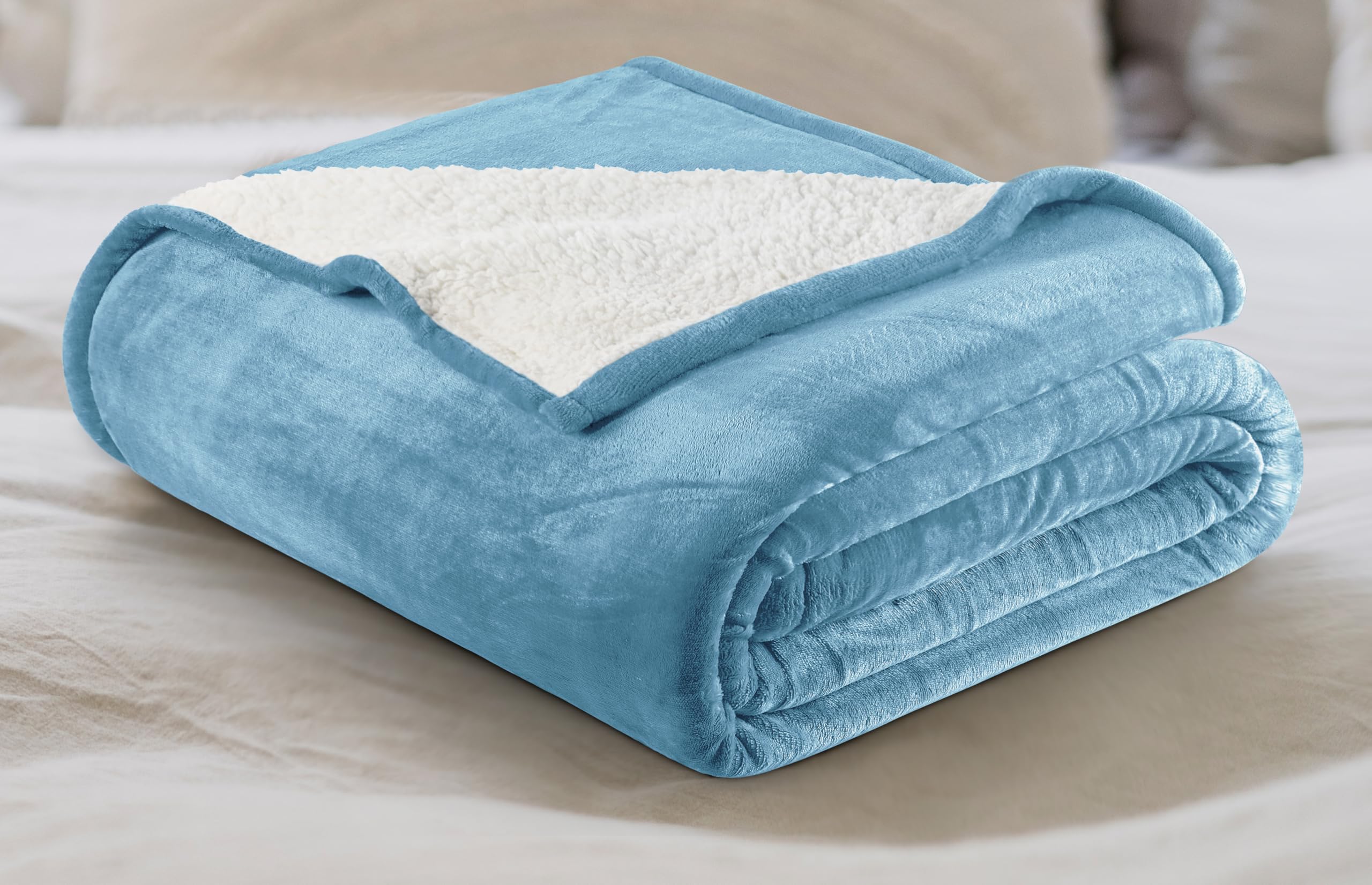 Utopia Bedding Sherpa Blanket Queen Size (Washed Blue, 90x90 Inches) - Soft Lightweight Plush Fleece Reversible Blanket for Bed, Sofa, Couch, Camping and TravelOEKO-TEX STANDARD 100