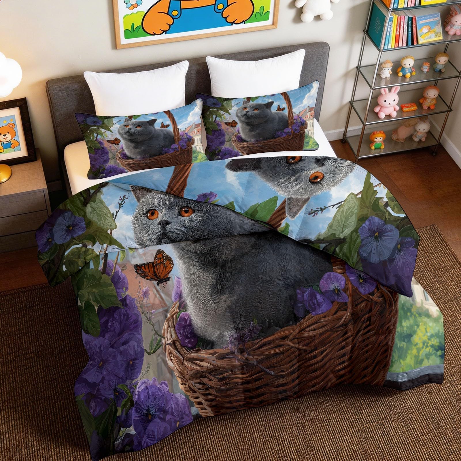Edredón reversible King 230x220 cm estampado de mariposas y gatos con tejido ligero lavable