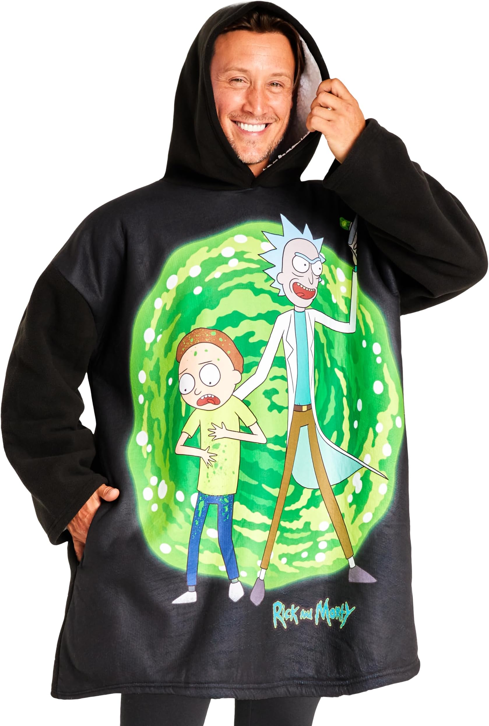 RICK AND MORTY Blanket Hoodie for Men and Teenagers - Cosy Oversized Fleece Hoodie One Size Sherpa Lined - Gifts for Men Black