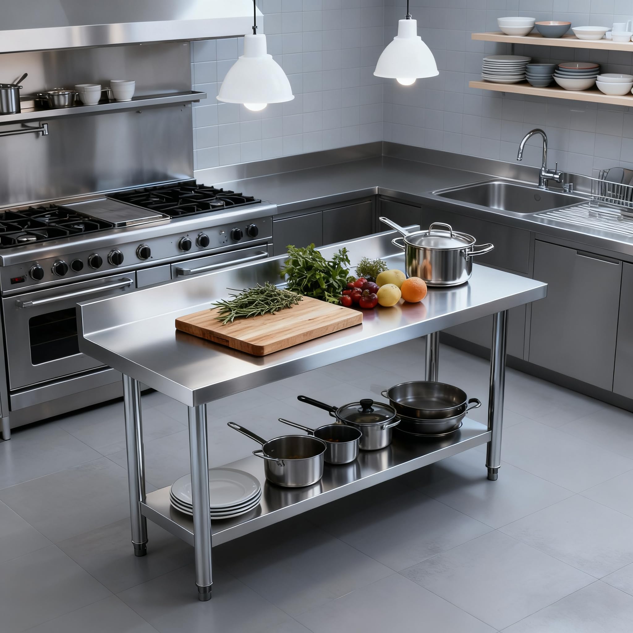 XMTECH Mesa de trabajo de acero inoxidable con cantos, 150 × 50 × 85 cm, acero inoxidable, mesa de cocina, mesa desmontable, capacidad de carga 250 kg, con patas ajustables