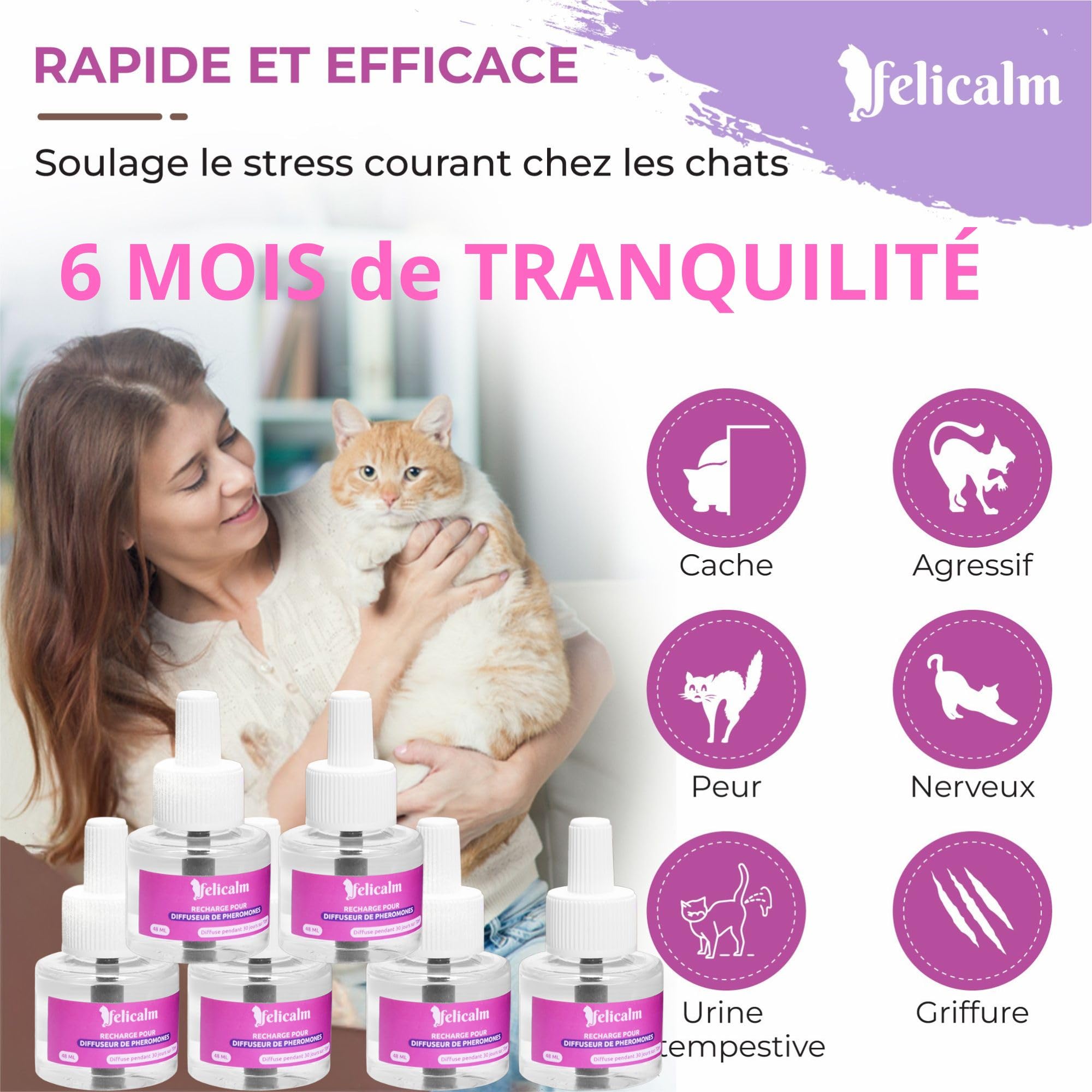 Paris -Nouvelle Formule de PHEROMONE pour Chat et Chaton -6 Recharges de 48 ML- Anti Stress pour Chat- CALMANT- Bonheur et Harmonie