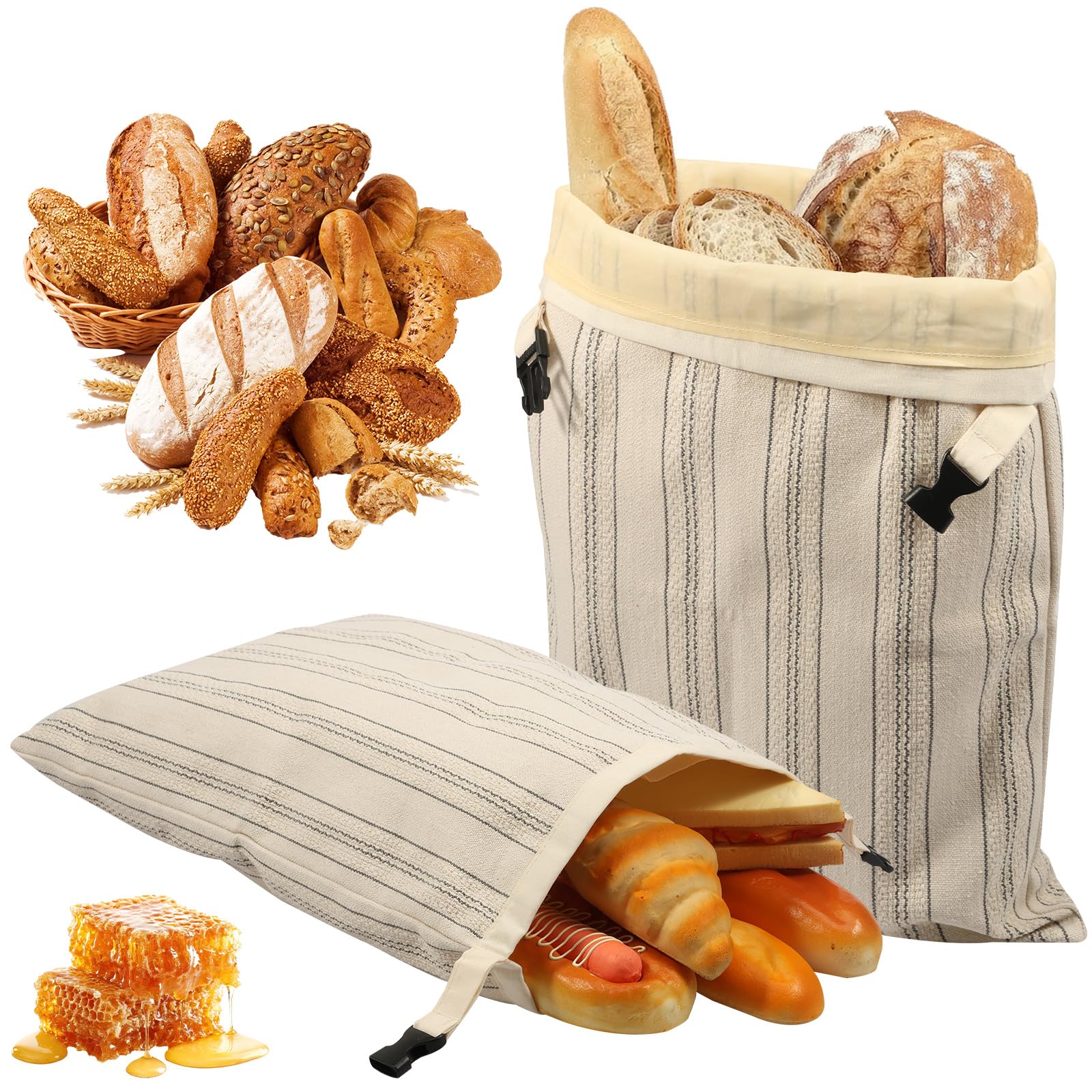 GWCYMYD 2 PCS Reusable Beeswax Bread Bags for Homemade Sourdough, 43cmx33cm Natural Cotton Waxed Storage Bag with Buckle Closure, Airtight Freshness Keeper for Freezer, Bakery Essentials