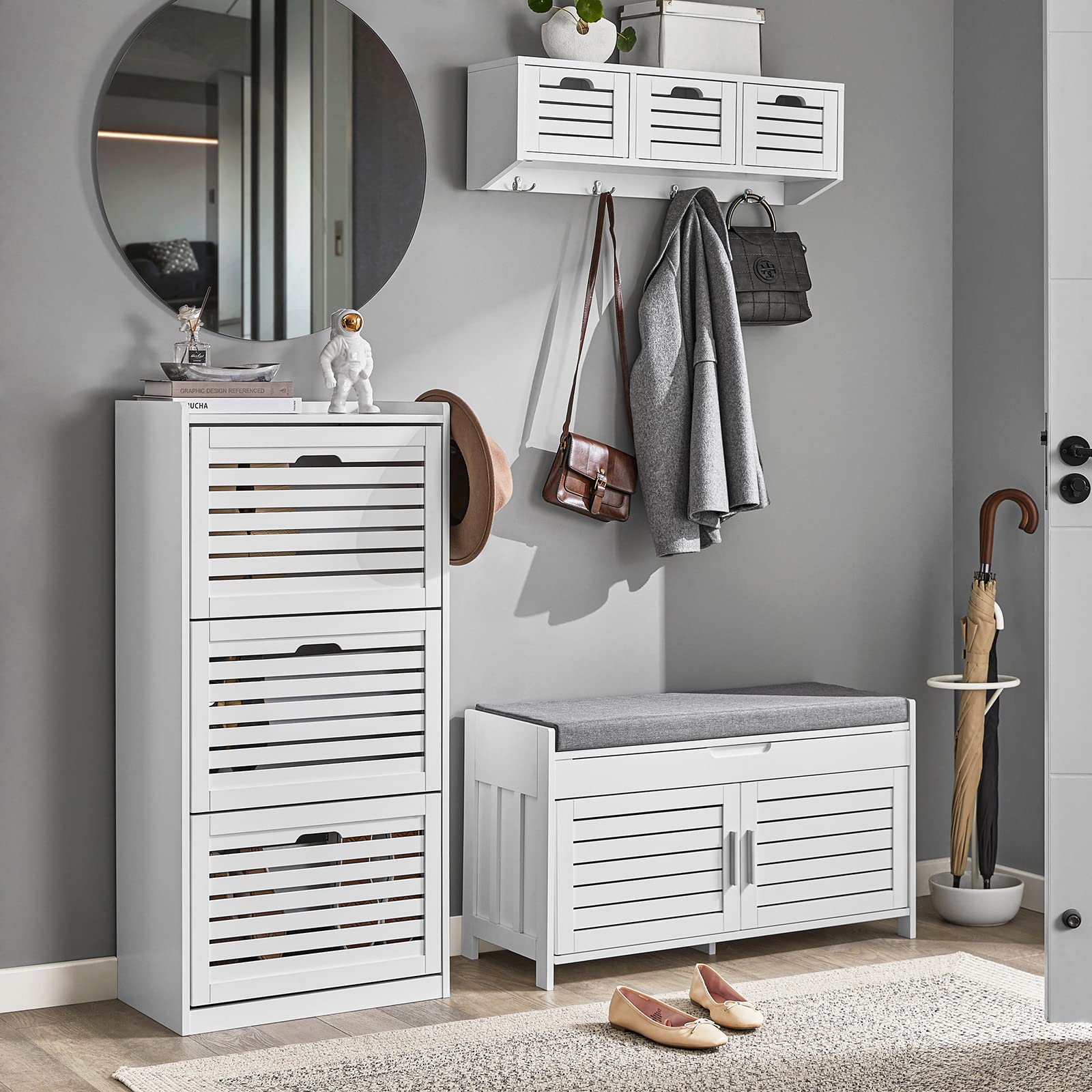 SoBuy Banco Zapatero con 2 Puertas 90x33x50cm para recibidor | Zapatero entrada con asiento, MDF y pino, estante ajustable 3 alturas, capacidad 100kg blanco FSR102-W