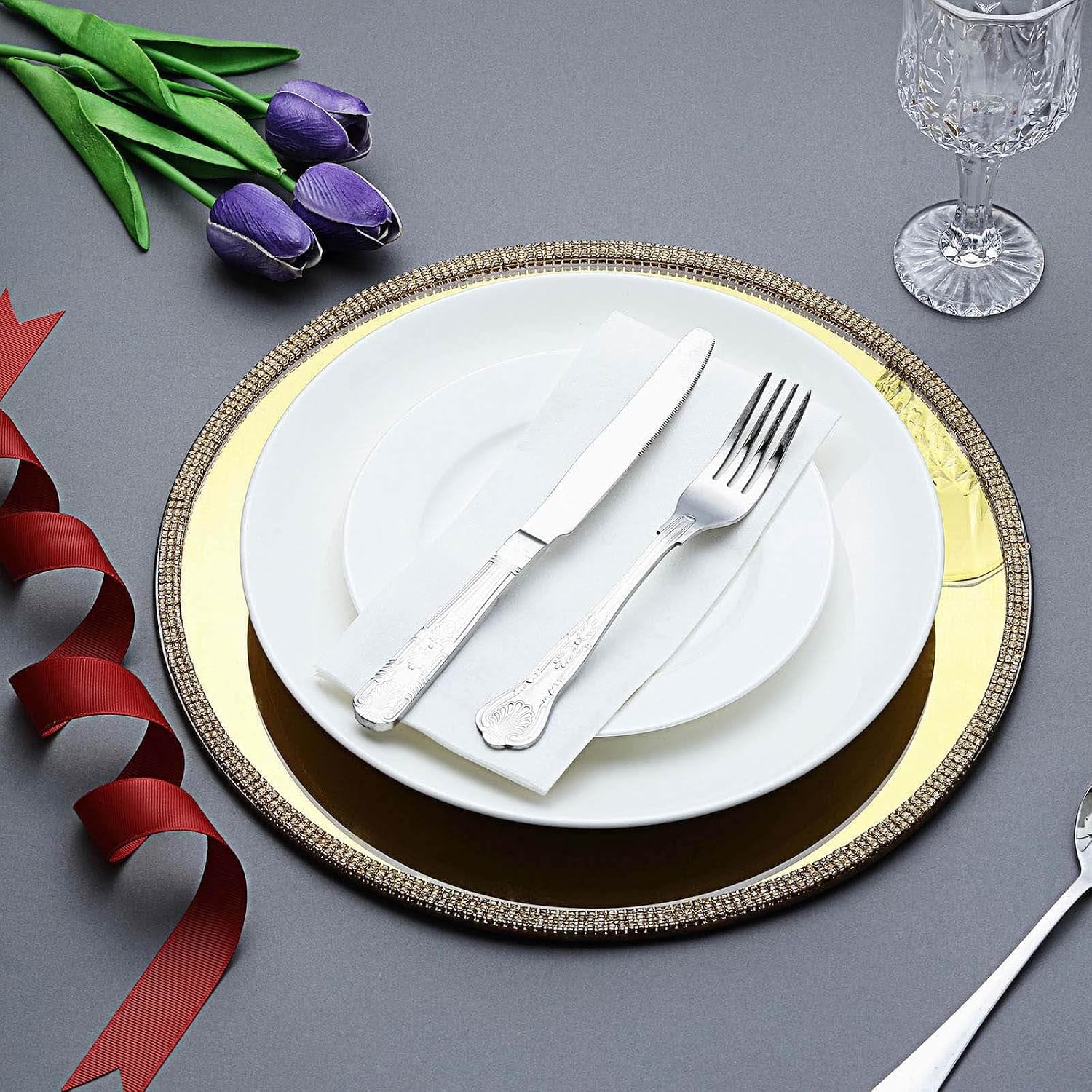 Efavormart 2-Pack 13" Gold Mirror Glass Charger Plates with Rhinestone Rim; Opulent Jewelry-Grade Underplates for Anniversary Parties, Holidays and Fine Dining