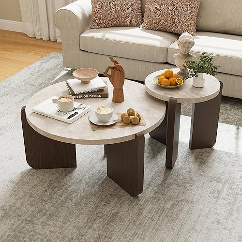 COSIEST - Juego de mesa auxiliar redonda moderna y mesa auxiliar, tapa de madera con aspecto de mármol falso, patas de nogal y crema blanca, mesa