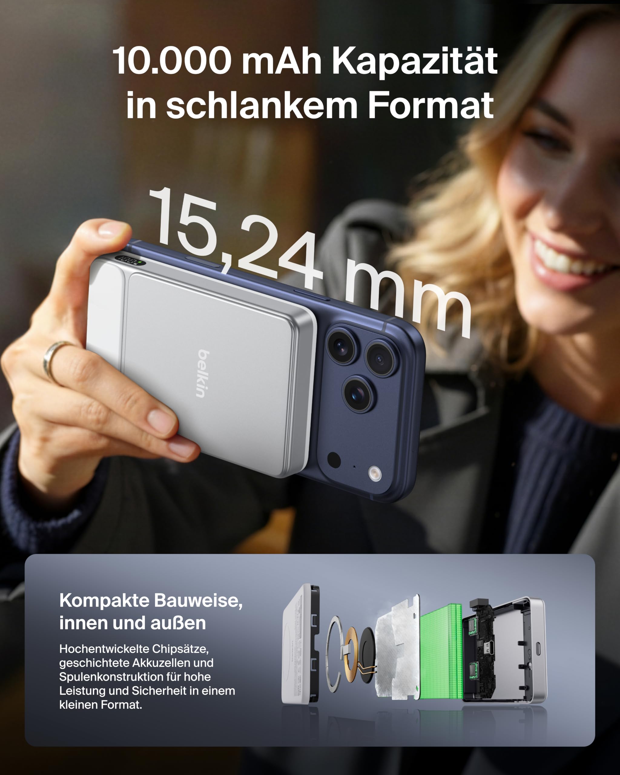 Belkin UltraCharge 10000mAh Magnetische Power Bank, USB-C Port – Weiß | 10K Powerbank Kabellos, Dünn, Qi2-zertifiziert, 25W, Magnetring, USB C Port, Bereits Geladen, Kabel, Geeignet für Flugreisen