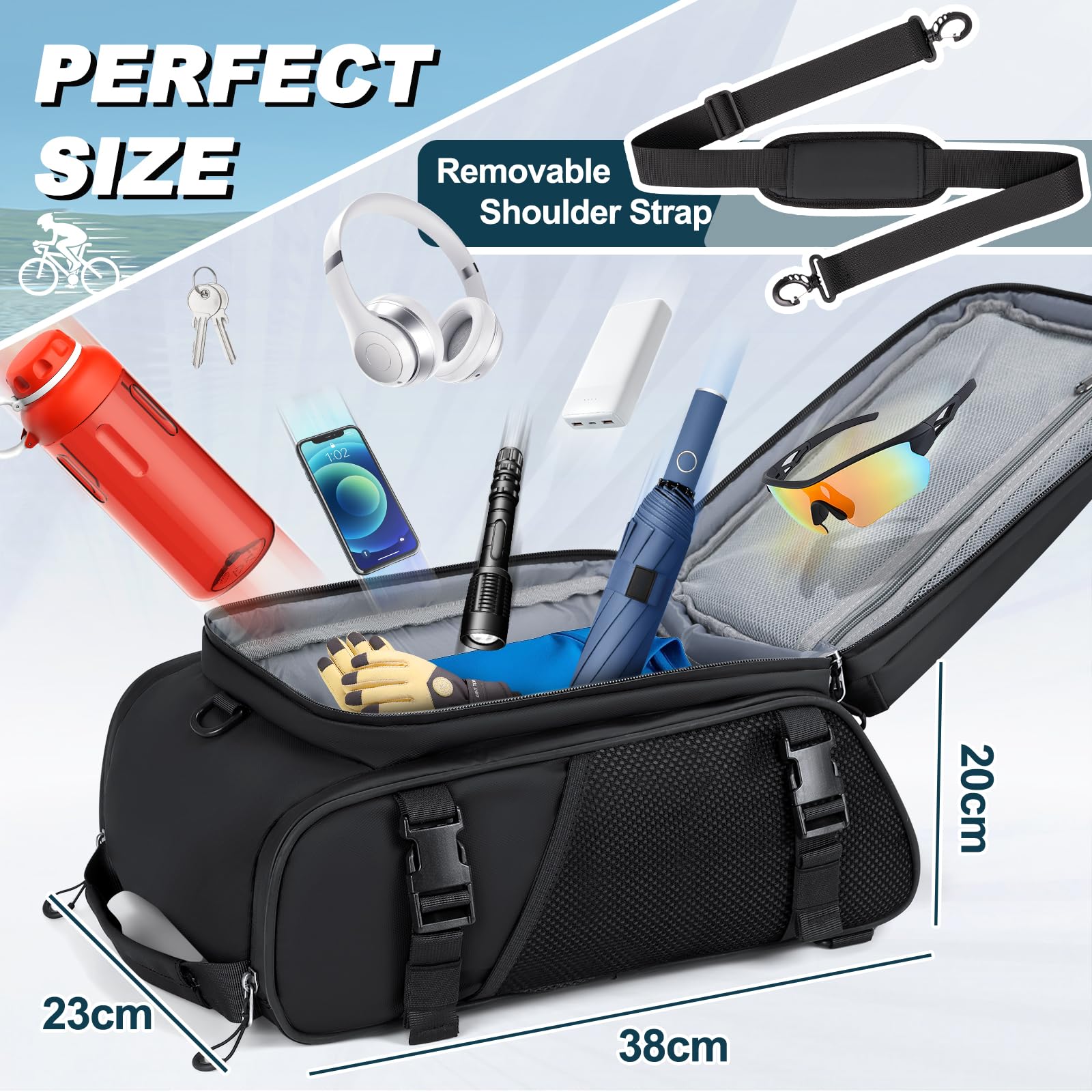 RAINSMORE 3 en 1 Alforjas Bicicleta 15L Bolsa Trasera con Cubierta de Lluvia y Bandolera, Impermeable y Reflectante, como Maleta Bicicleta,Bolso Bandolera