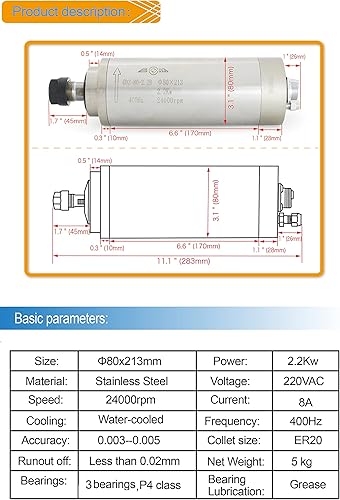 Miniatura 9 de RATTMMOTOR Kit de motor de husillo CNC de 110 V 2.2 KW Motor de husillo refrigerado por agua ER20 24000 RPM 400 HZ+2.2 KW VFD 110 V inversor simple