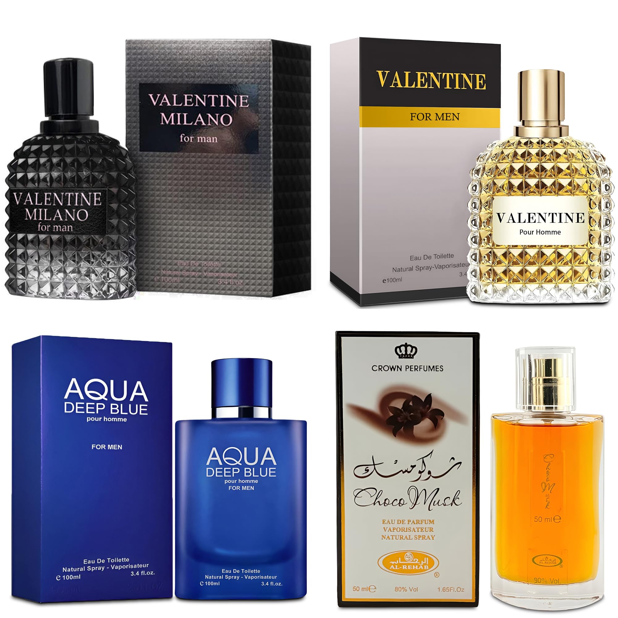 A CENTER Men's Cologne Gift Set Include Valentine Milano,Valentine,Choco Musk & Aqua Deep Blue - 3.4 Fl Oz Each | Vanilla Bourbon, Leather & Amber