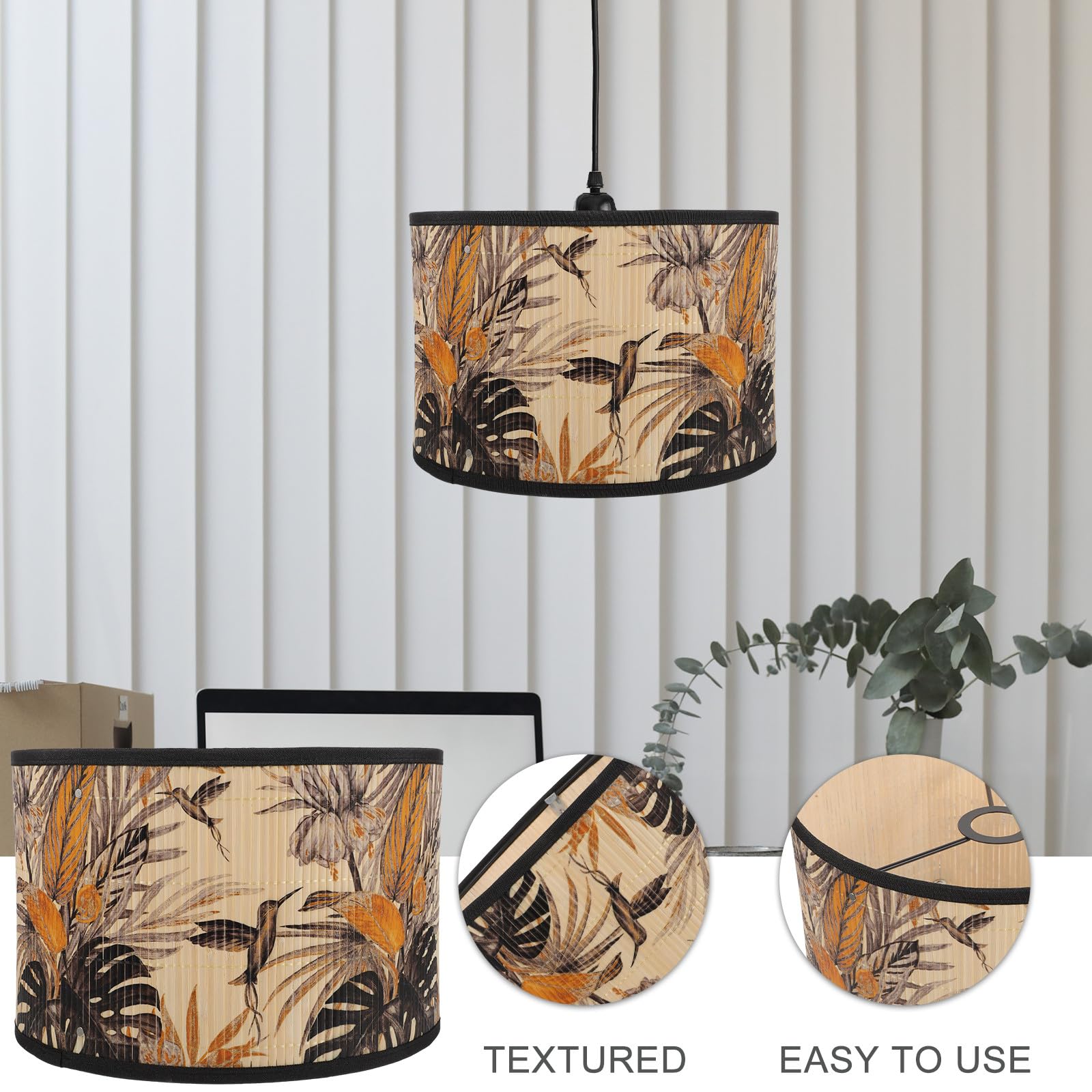 Paralume in Bambù Intrecciato per Lampada da Soffitto da 30 CM, Struttura a Ragno Clip su Tamburo, Stile Vintage, Accessori per Lampada Sospesa in Soggiorno