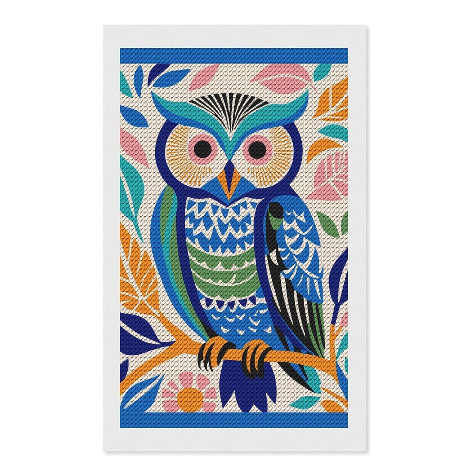 Junmoney Blue Wild Cute Owl Diamond Painting Canvas Set 12"x20", Satisfying Creative Project, Easy to Follow Symbols, Fun Craft Experience