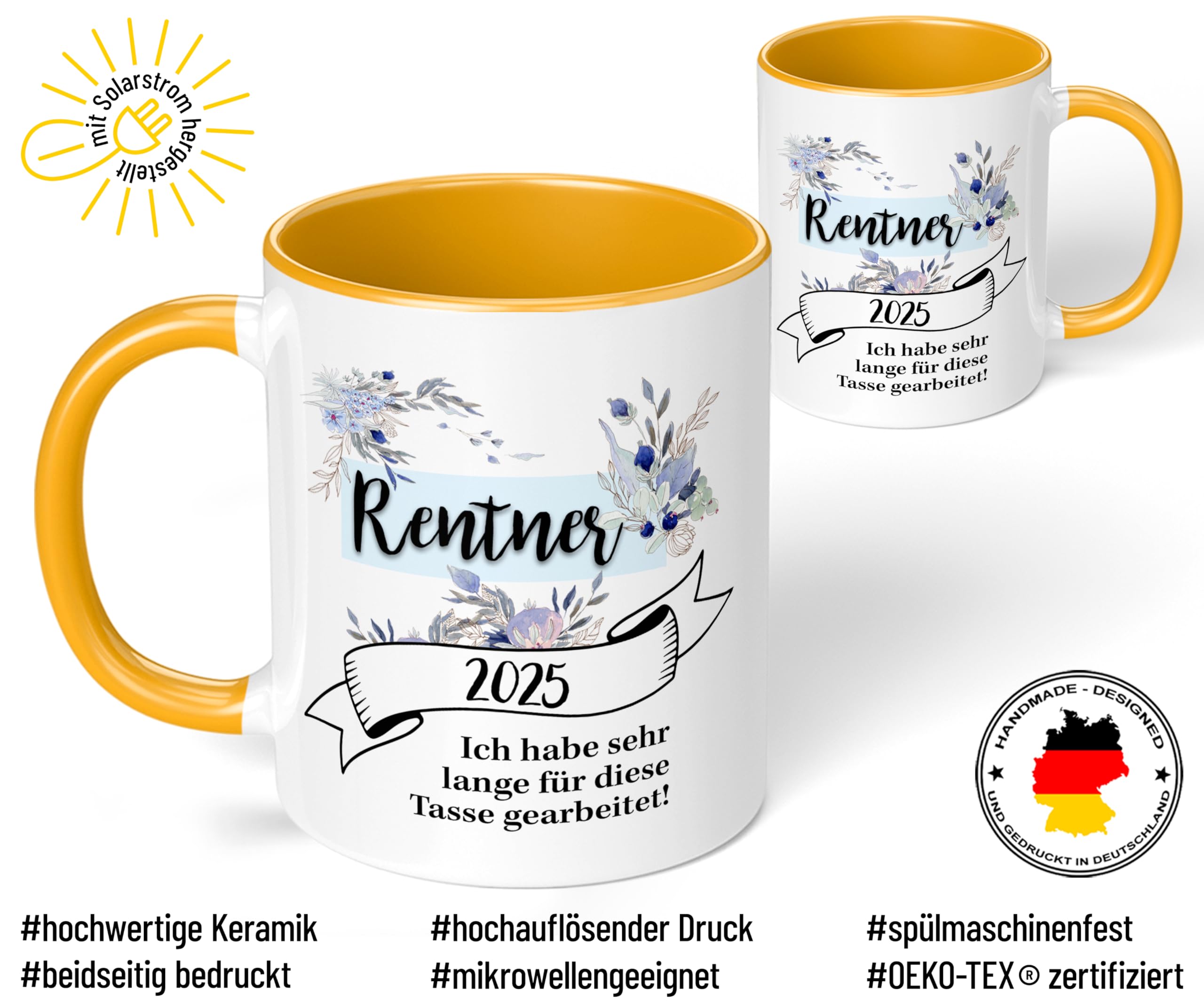 Statement Tasse Rentner 2025 - Kaffeetasse mit schönem Spruch - beidseitig bedruckt - spülmaschinenfest | Kaffeebecher, Geschenkidee für Arbeitskollegen, Vater, Opa, Großvater, Goldgelb