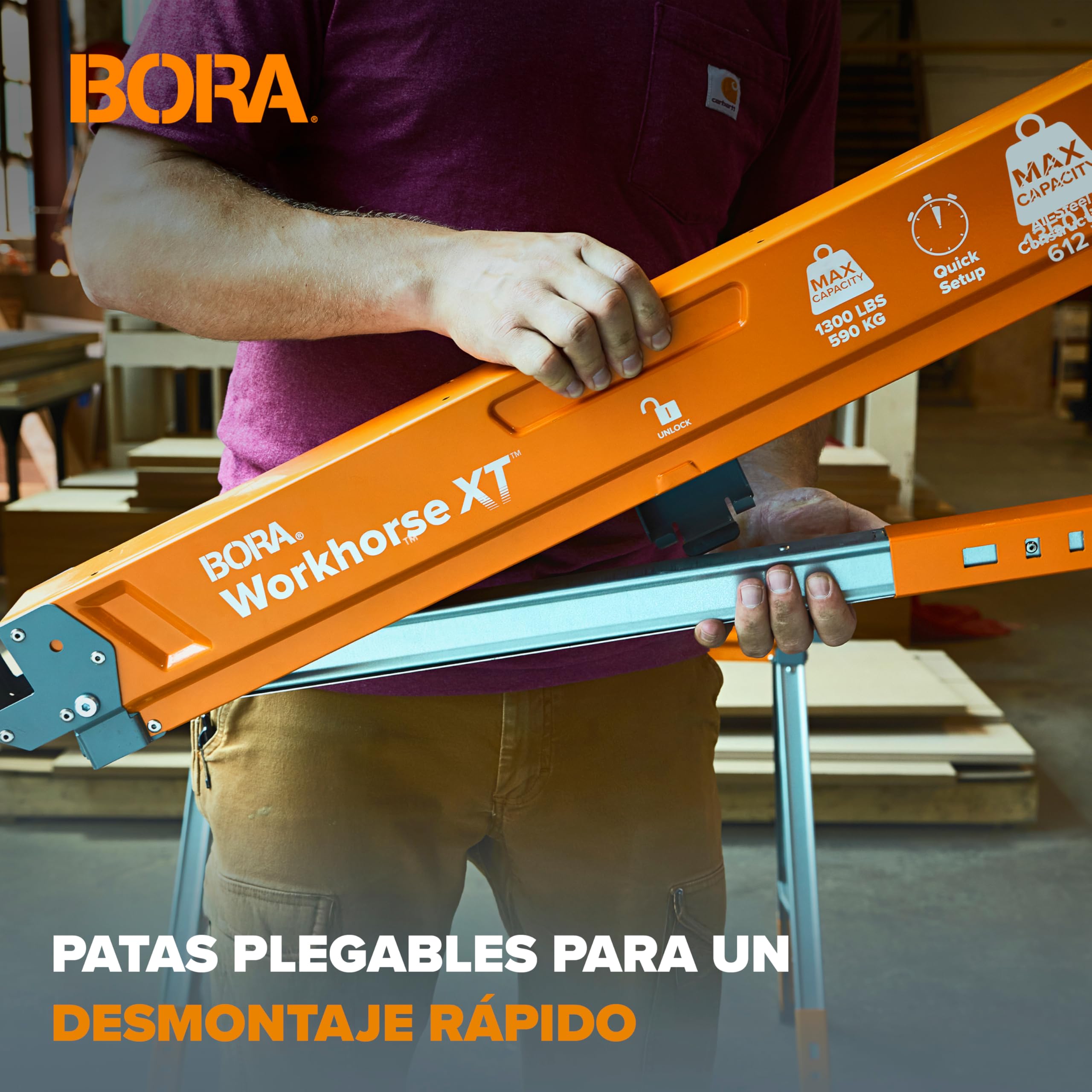 Bora Workhorse XT - Juego de 2 caballetes de sierra plegables, resistentes, altura ajustable, par con patas ajustables, caballo de sierra resistente para contratistas, banco de trabajo portátil con