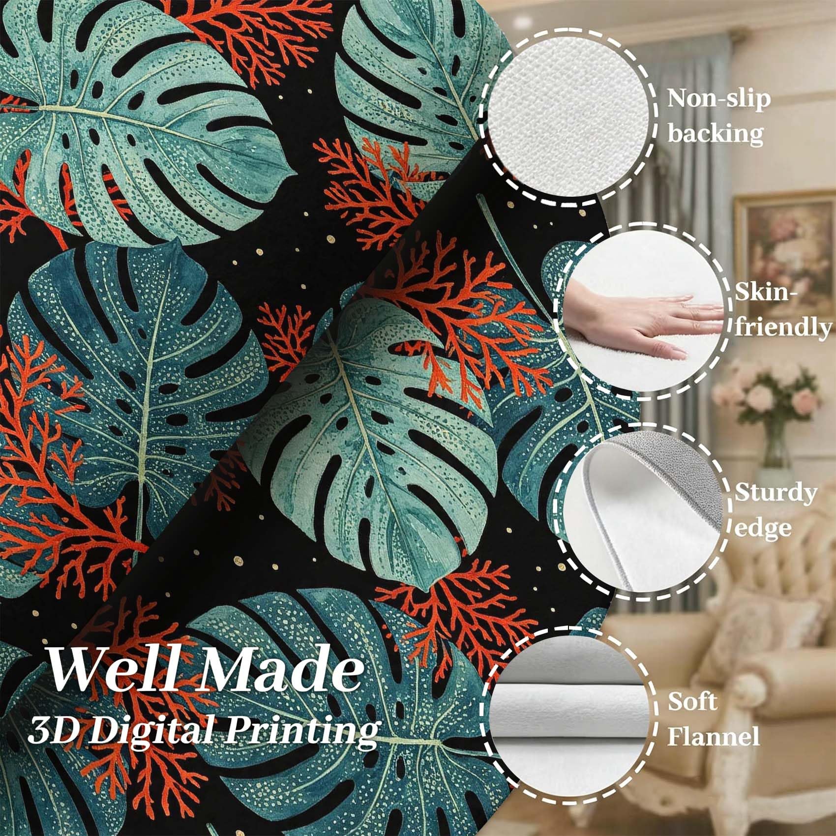 Tapis Doux Poils 120 x 170 cm, Feuilles de Monstera Decoration Lavable