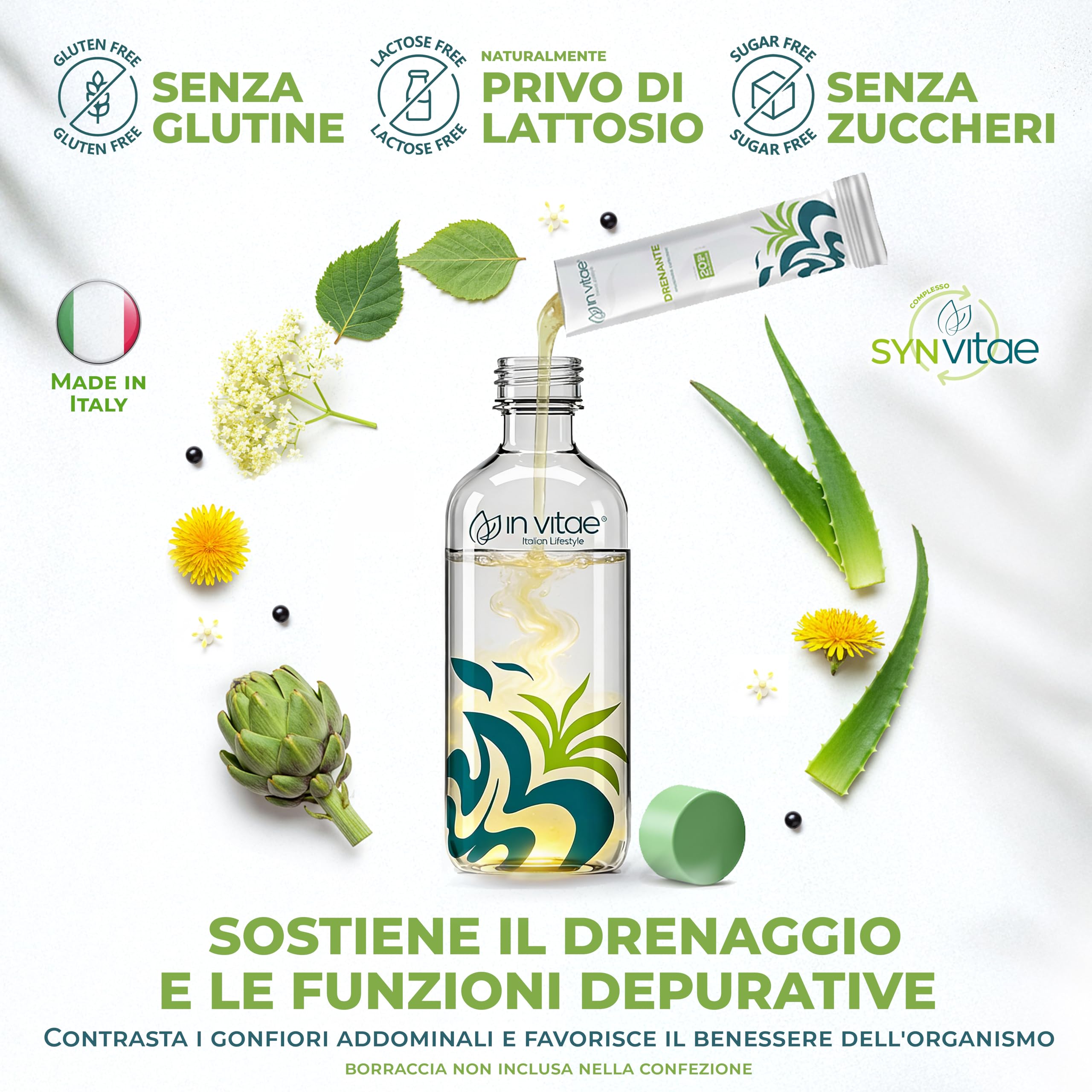 IN VITAE Drenante Forte - Integratore con Aloe, Tarassaco, Betulla, Carciofo e Sambuco - Supporto al Drenaggio dei Liquidi Corporei e Funzioni Depurative - 20 Stick Gel - Made in Italy