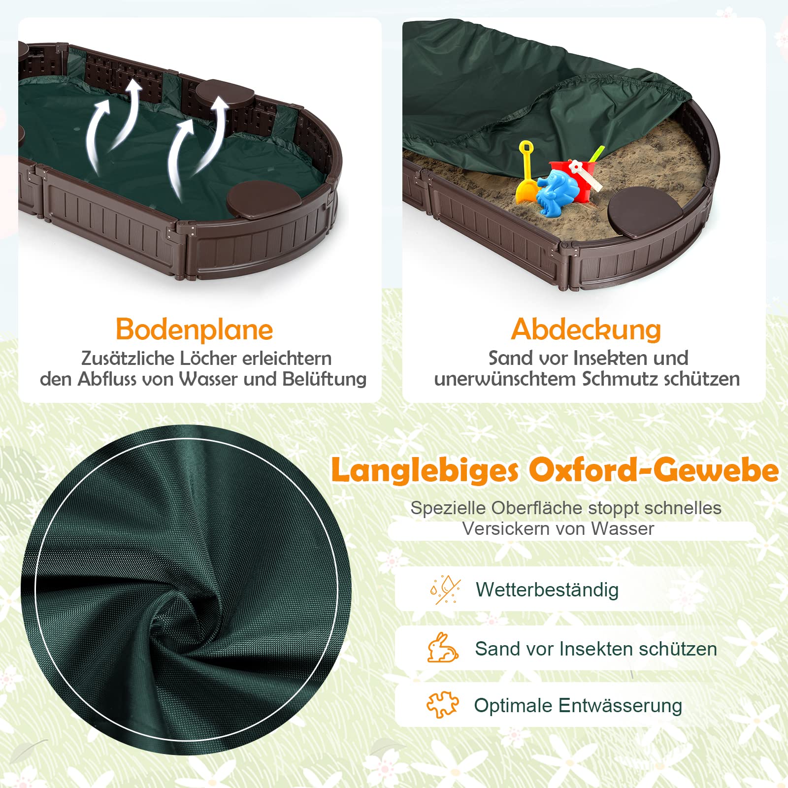 DREAMADE Sandkasten mit Abdeckung und Bodenplane, Sandbox mit Sitzecken, Sandkiste für Kinder für Garten Outdoor (Oval)