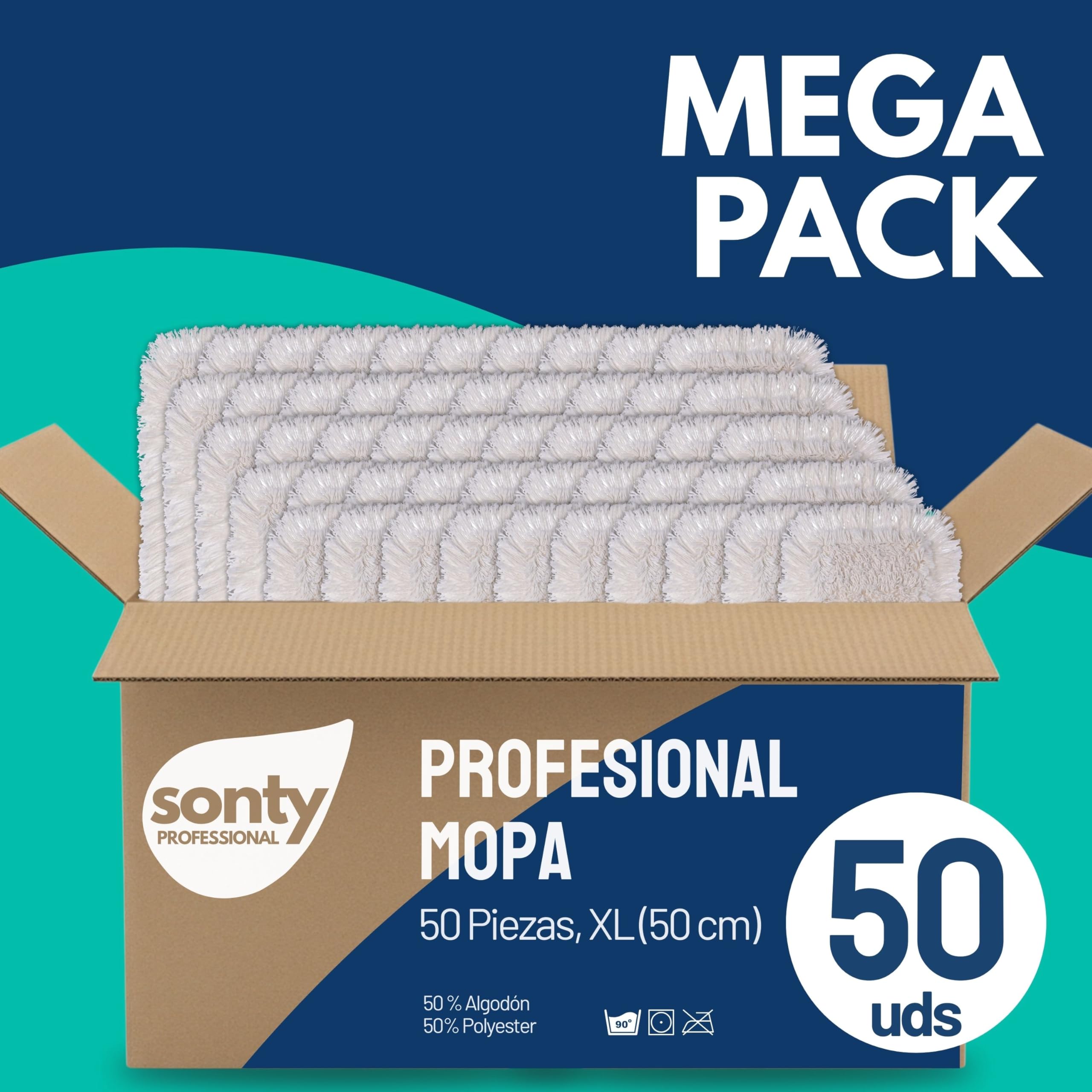 SONTY Mopa Profesional 50 cm Algodón – Pack de 50 Fundas XL para Soporte abatible | Mopa de algodón para Todo Tipo de Suelos en hogar, hostelería & entornos Profesionales | Lavable 60–90°C