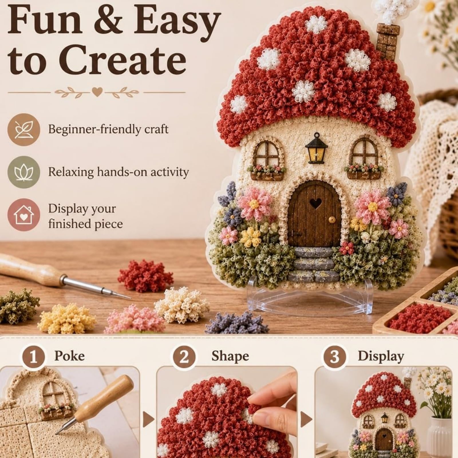 Kit per ricamo 3D Villaggio Incantato - Casetta con Funghi e Fiori (6Pcs) | Kit per ricamo fai da te con ago da punzonatura per adulti, grazioso kit decorativo, accogliente regalo in stiles