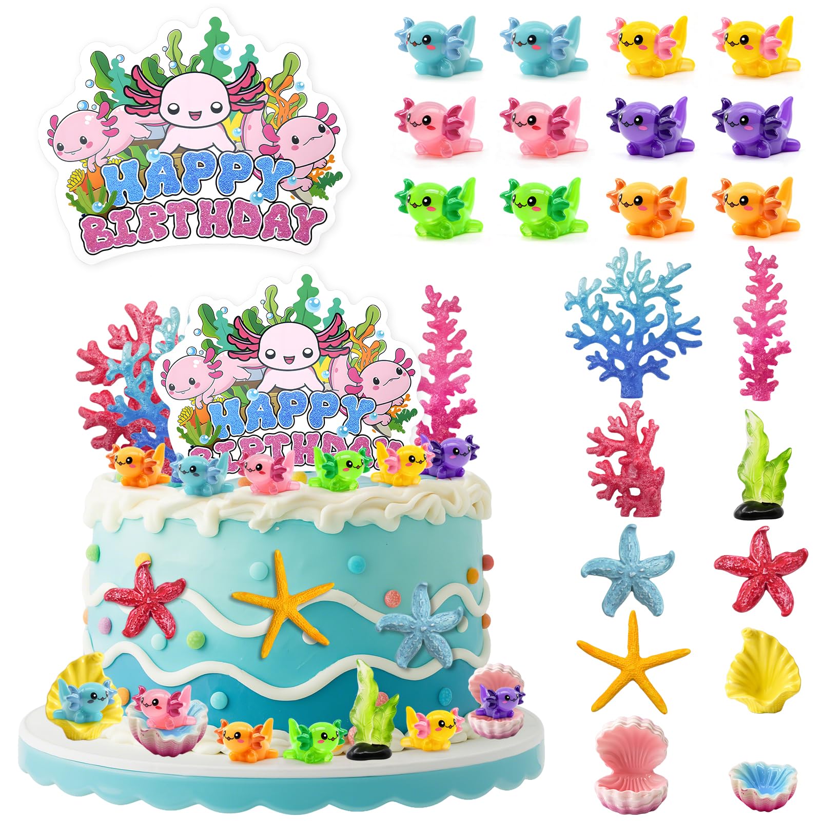 23Pcs Axolotl Cake Topper Kit, Adorable Axolotl Birthday Decorations for Cakes, Cupcakes & Party Dessert Table, Ocean Theme Party Supplies