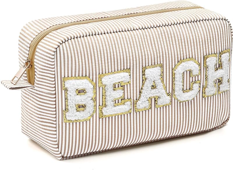 Necessaire Sanwuta de tecido seersucker listrado com zíper, estampa Beach, cáqui