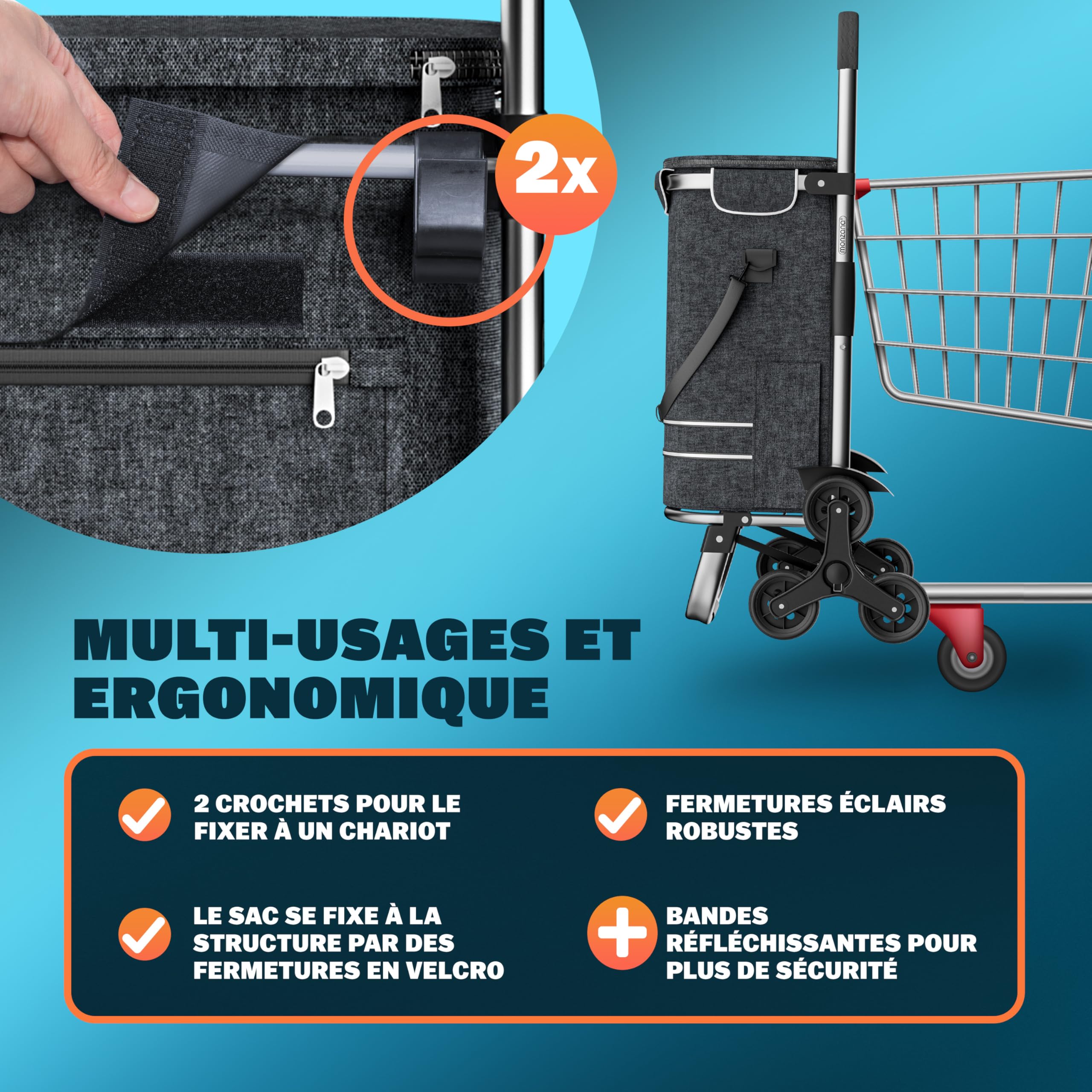 MONZANA® Chariot de courses noir 56 litres 3 en 1 pliable compartiment isotherme 6 roues bandes réfléchissantes