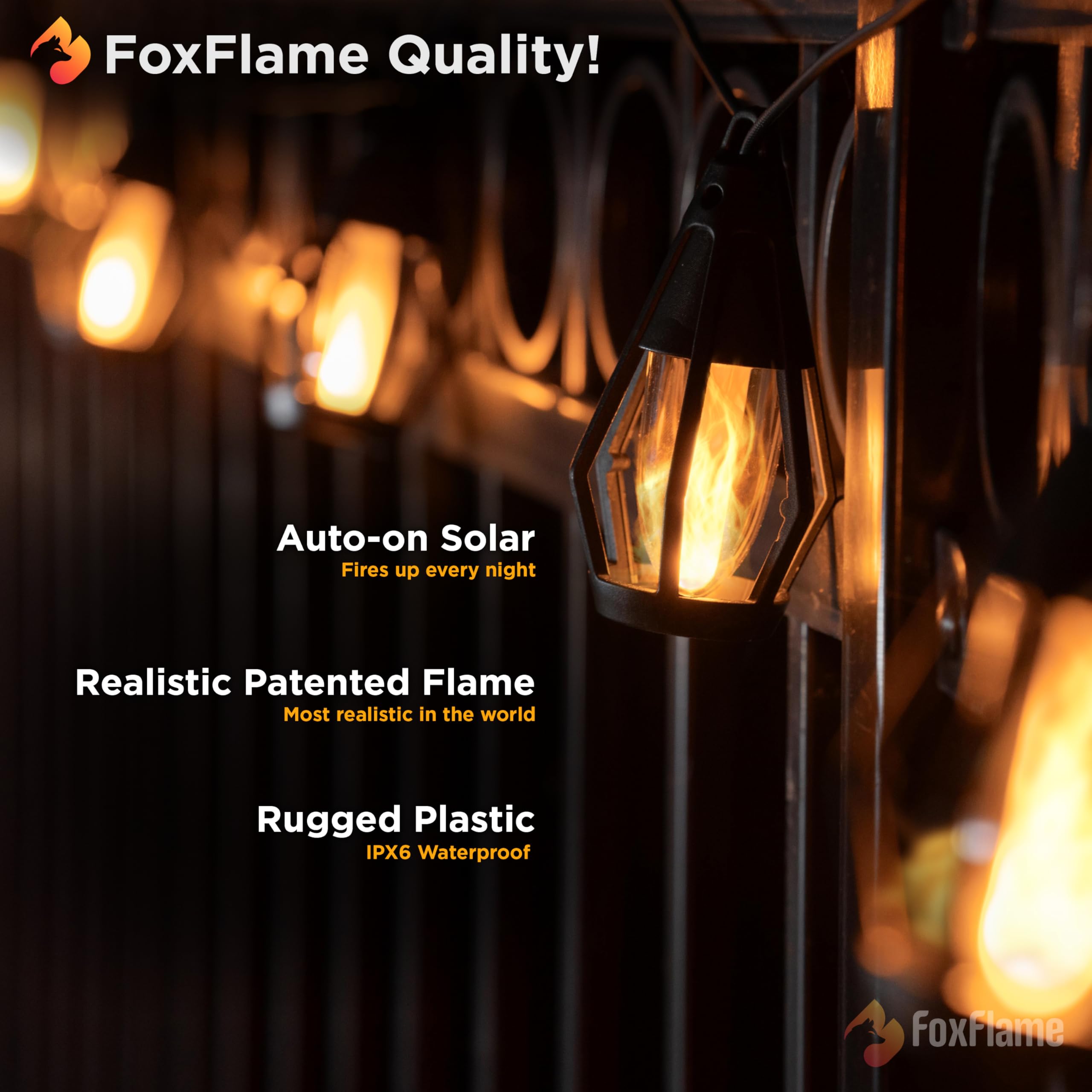 Solar Lichterkette Außen Wasserdicht - 10 flackernde LED Birnen mit patentiertem Flammeneffekt, 6.4 m solarbetriebene Solar-Hängeleuchten Außen für Terrassen, Veranden, Zäune, Gärten & dekoratives