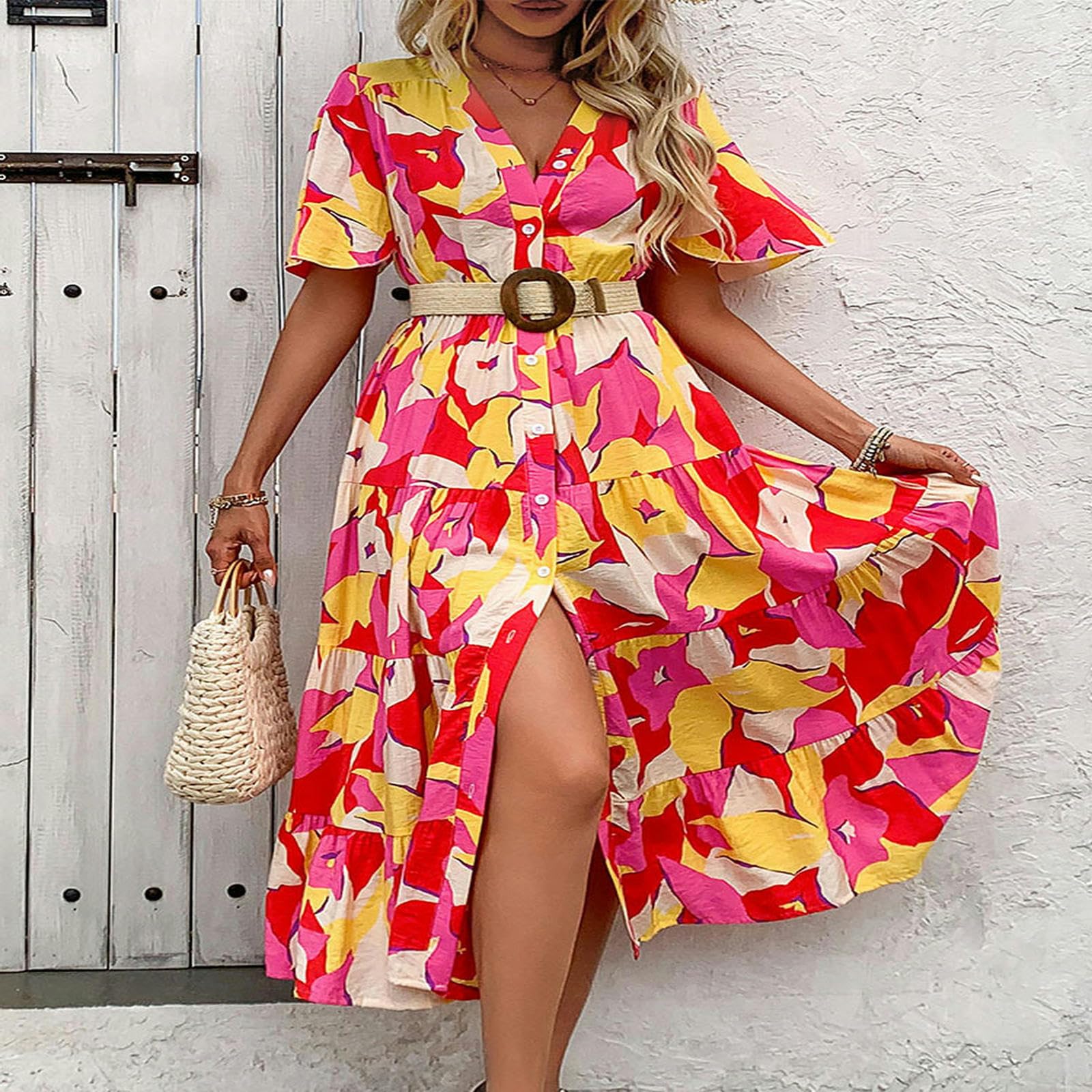 Vestido de manga corta con botones para mujer, con cinturón, casual, primavera, verano, playa, vestido de sol para mujer. YYEFNMAZ