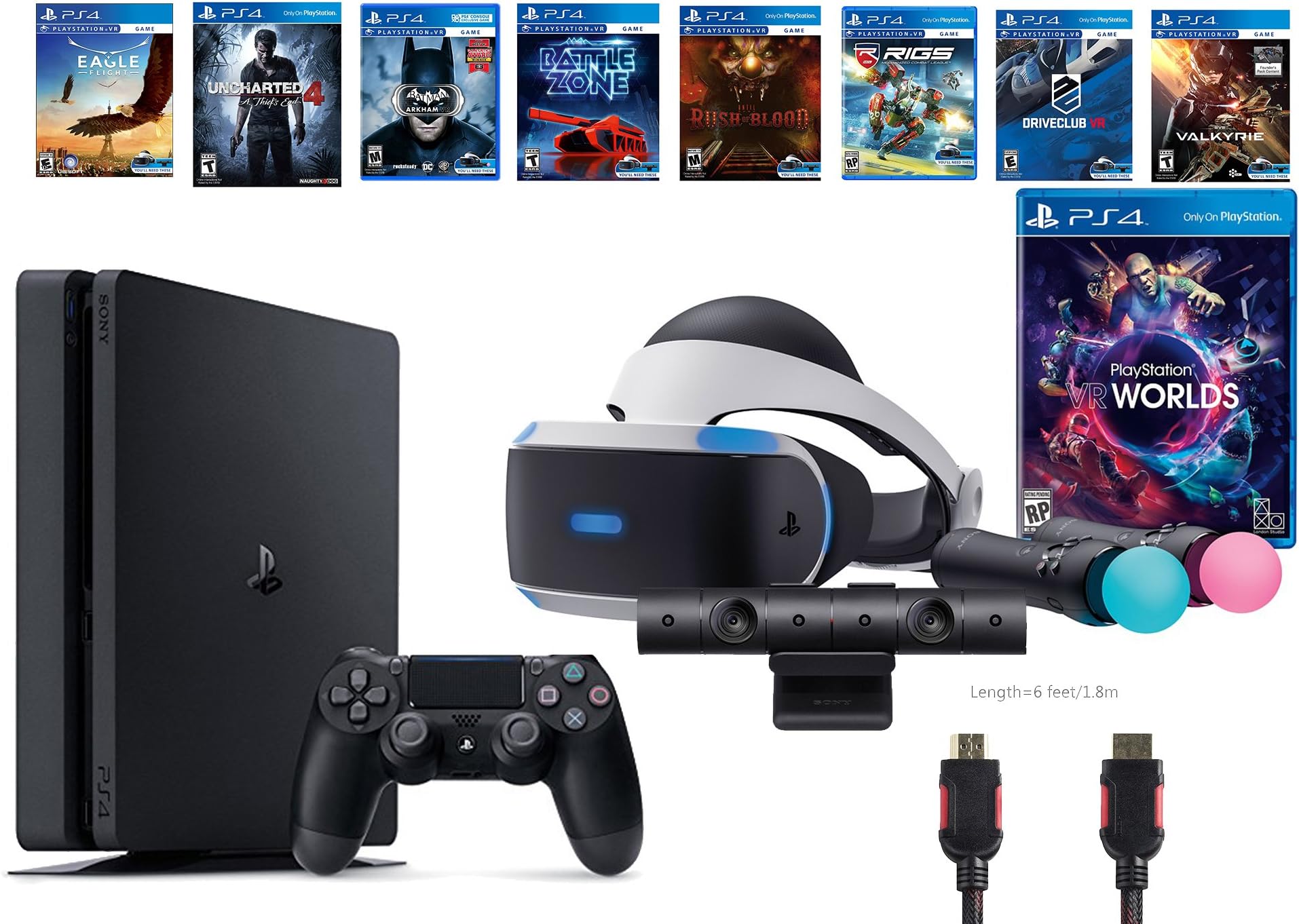 PlayStation VR Launch Bundle 9 Items:VR Launch Bundle,PS4 Slim- Uncharted 4,7VR Game Disc Until Dawn:Rush of Blood, Valkyrie,Battlezone,Arkham VR, DriveClub,Eagle Flight,Combat League
