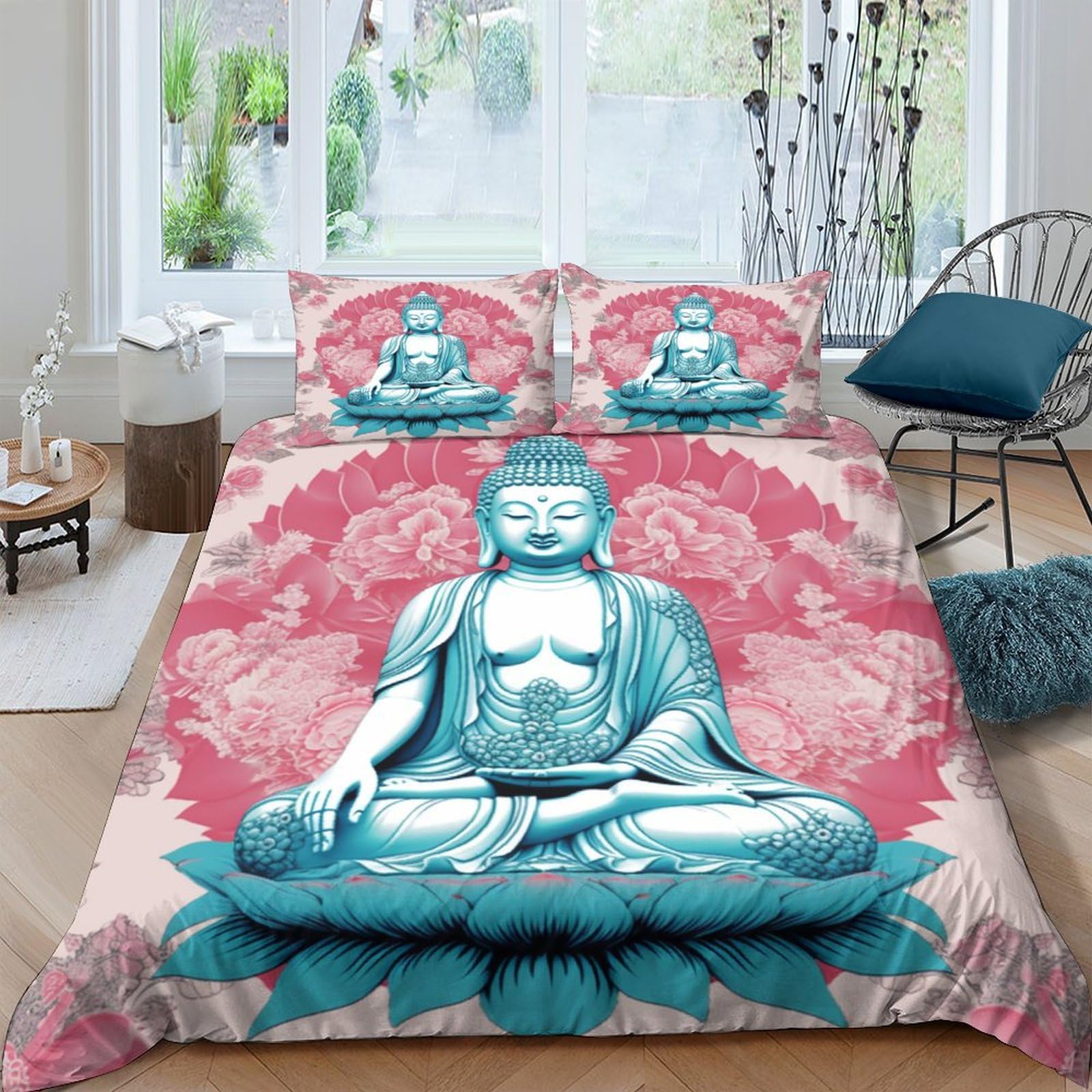 Parure de lit Bouddha Lotus 3 pièces avec housse de couette 200x200 cm