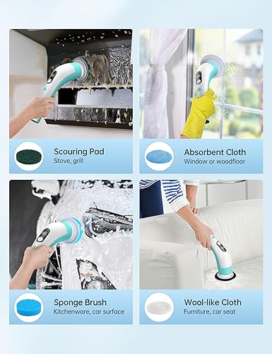 Miniatura 7 de Limpiador eléctrico giratorio con pantalla LED, IPX7 resistente al agua, potente limpiador de ducha, 2 horas de funcionamiento, 2 velocidades, mango