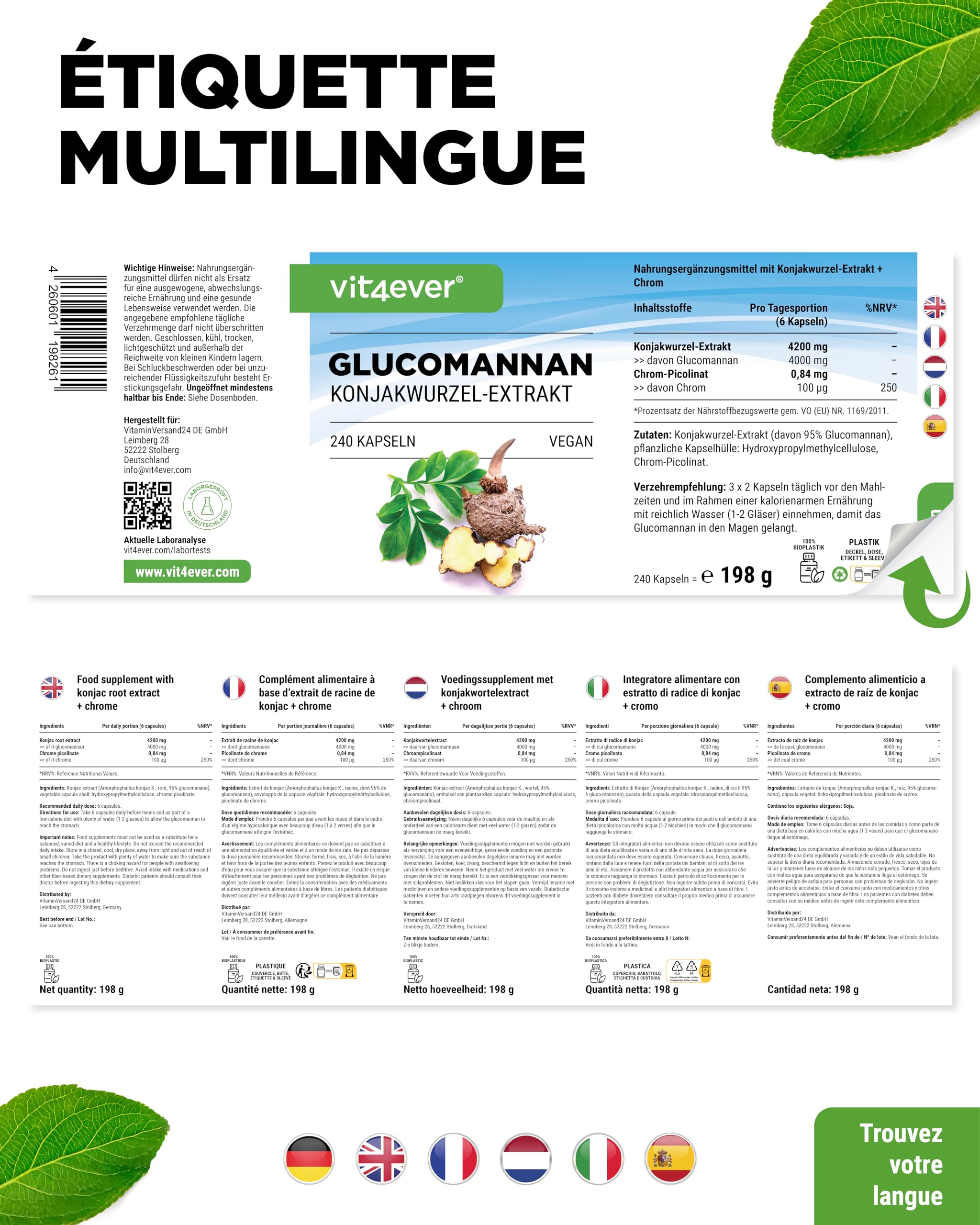 Glucomannane de la Racine de Konjac - 240 Gélules - Fortement Dosé avec 4200 mg par Portion Journalière - Optimisé avec du Chrome - Végétalien