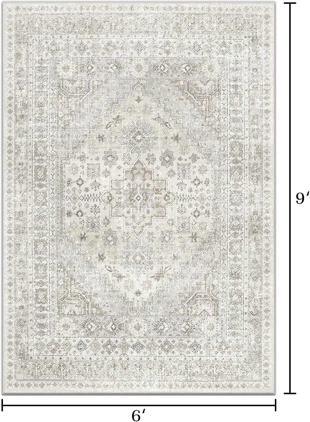 Vintage Area Rug 6x9 - Machine Washable Non Slip Carpet, Low Pile Soft Chenille Floor Rug for Living Room, Bedroom, Dining Room, Office - Distressed Traditional Floral Design, Grey (6*9, Vintage003)