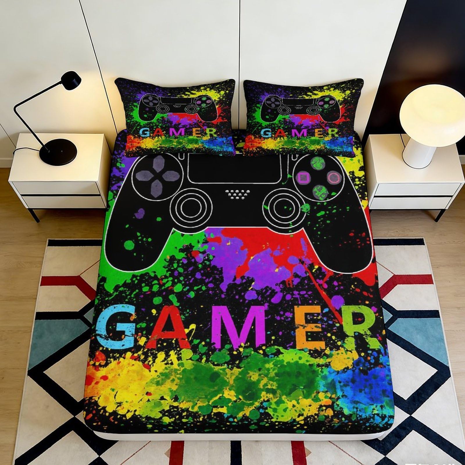 Pnayamiorkfel Style-9 3D Printed Colorful Gamepad Fitted Sheet Microfiber Bedroom Mattress Cover For Gamer Decor Dorm Room Mattress Protection 90X200x25cm
