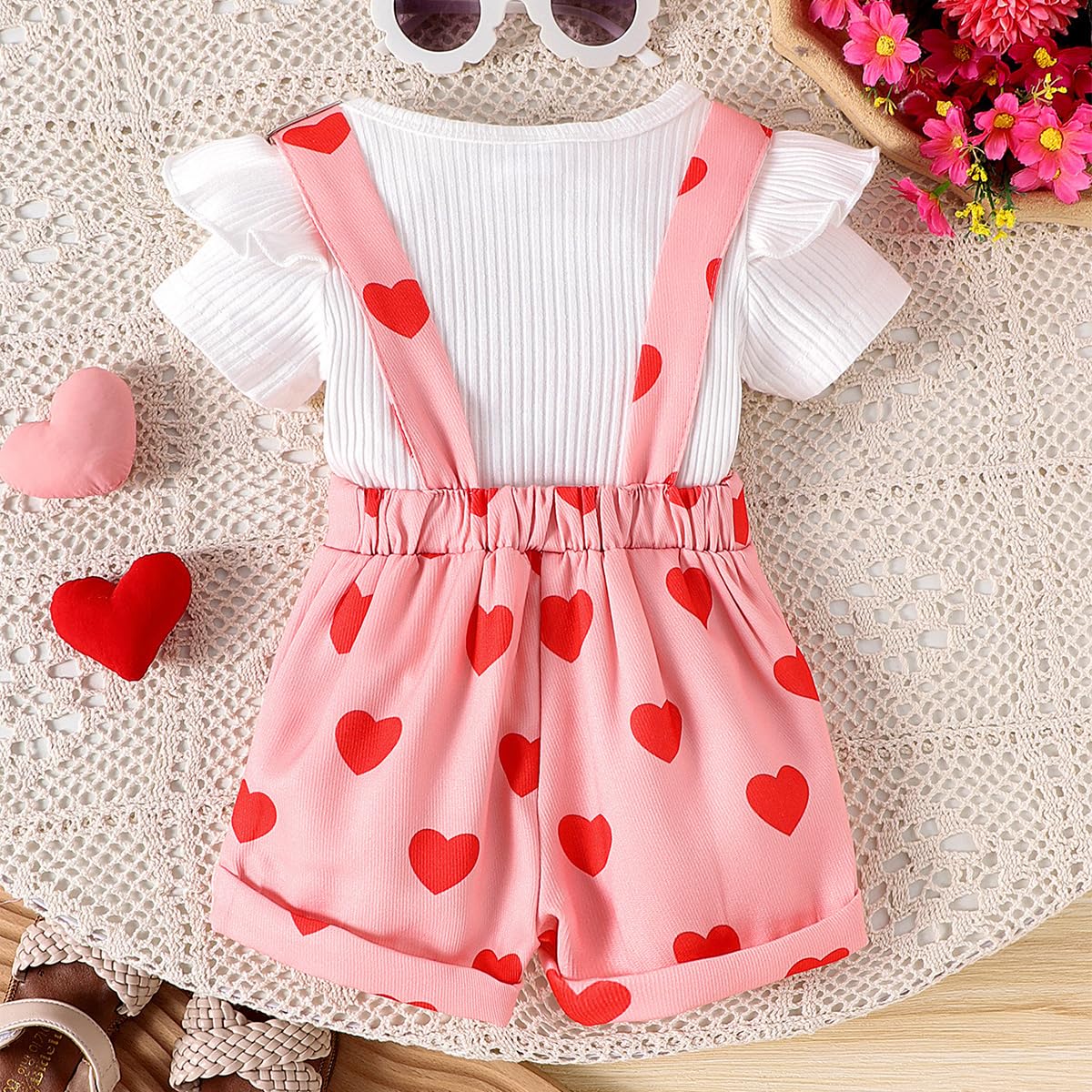 Conjunto Bebé Niña Peto de Verano, Manga Corta Top Acanalado Con Volantes + Ajustable Estampado Floral/Corazones Peto Corto Primavera Conjuntos — view 3
