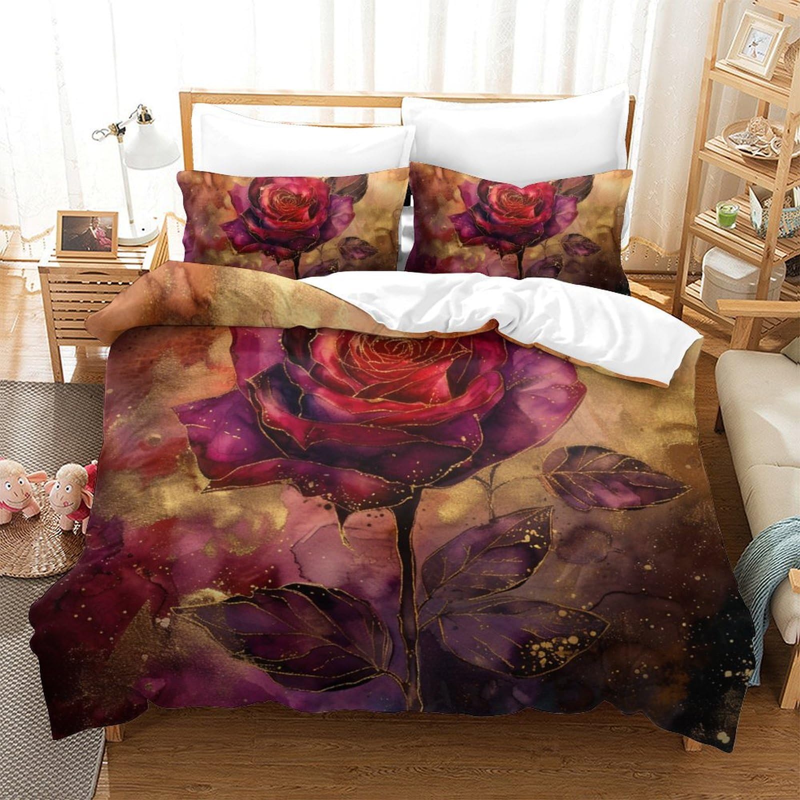 Housse de couette avec fermeture éclair pratique parure de lit 3D rose microfibre anti-plis