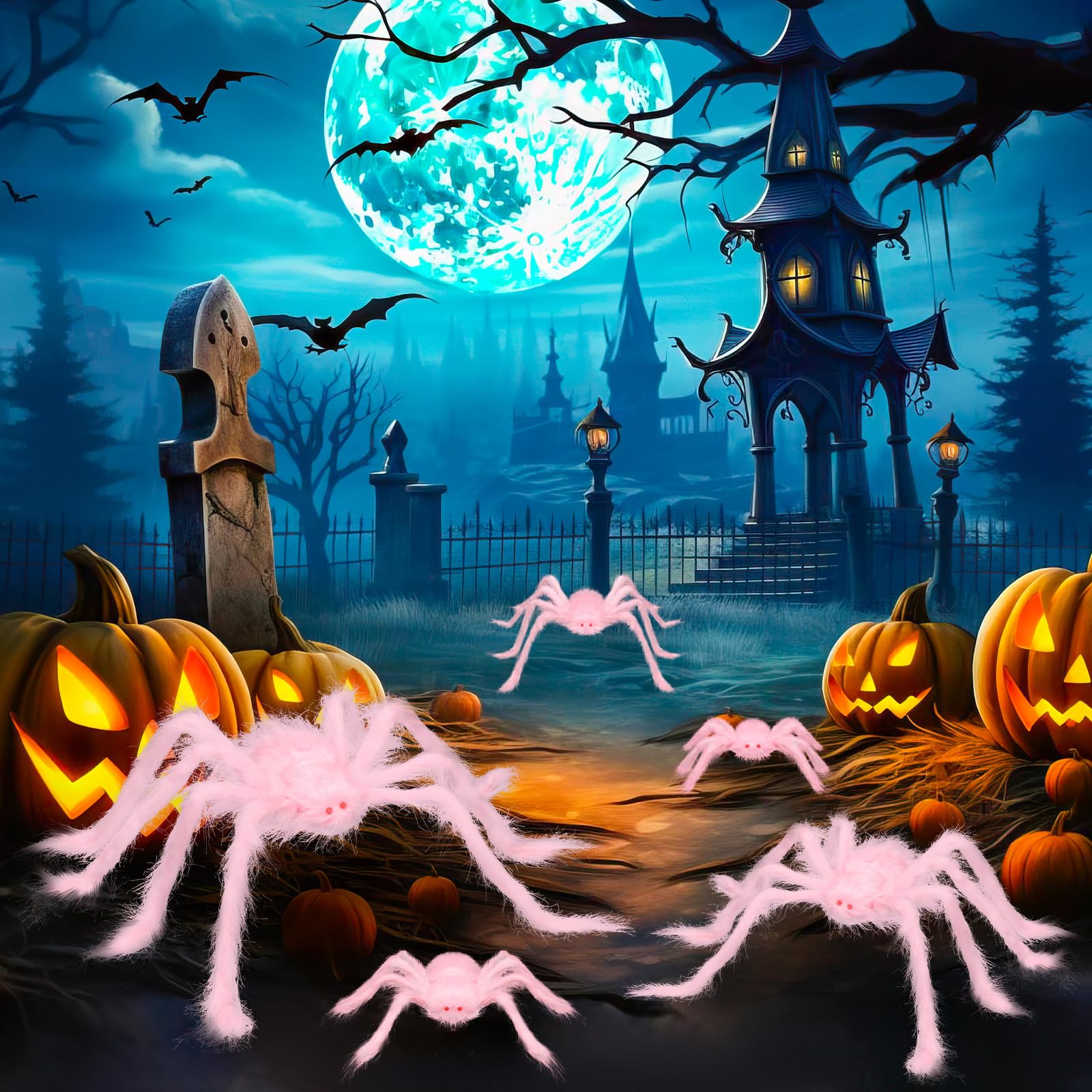 VioraWhite 5 Pcs Halloween Pink Spider Decorations Realistic Soft Hairy Giant Scary Araneid Set Fake Large Spider Props for Halloween Window Wall and Yard Outdoor Decor