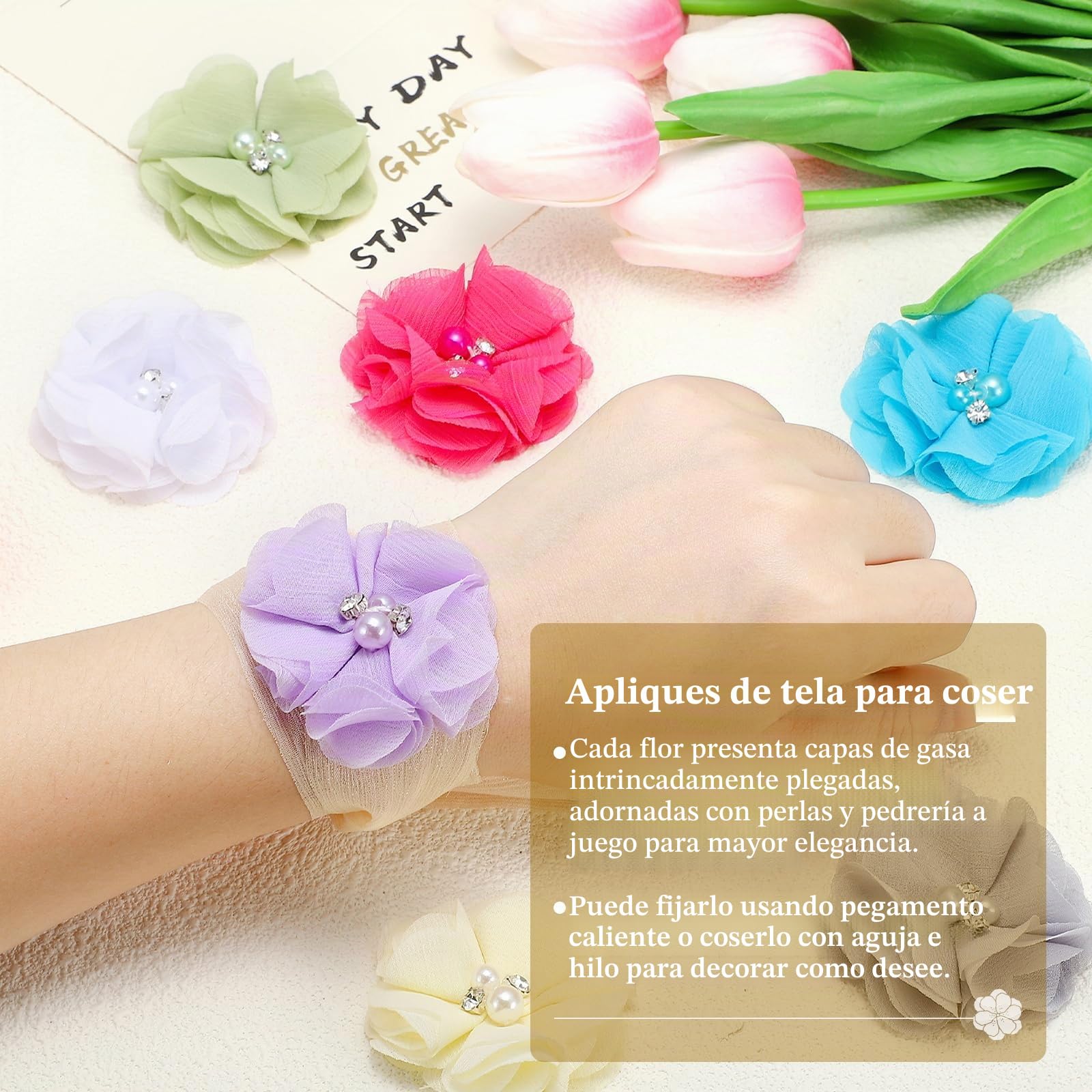 PATIKIL 2" Flores de Gasa, 12Pcs Flores de Tela con Estrás y Perlas Artificiales para Coser, Adornos para Ropa, Bricolaje de Bodas, Decoración de Diademas, Blanco