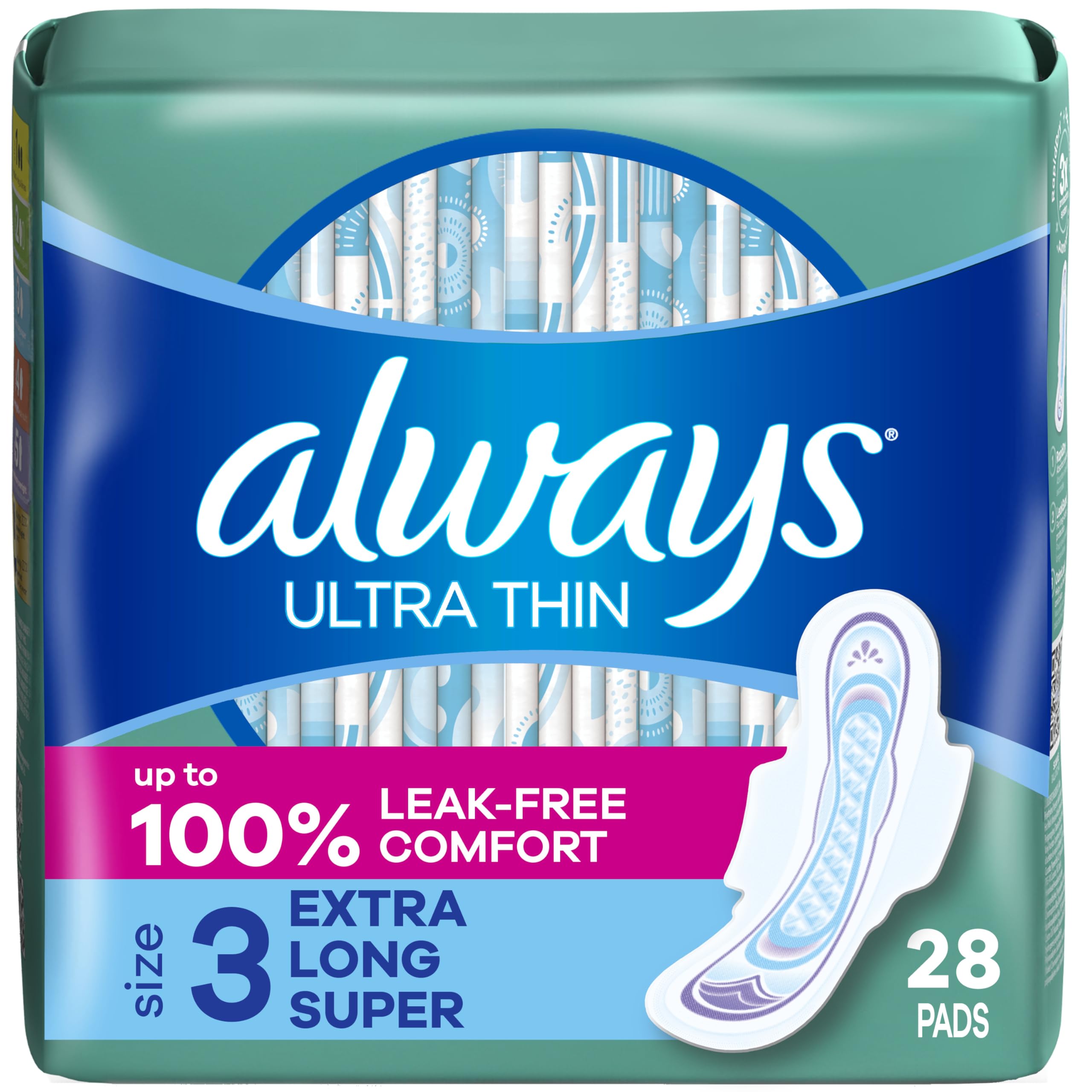 Always Ultra Thin Size 3 Extra Long Super Pads with Wings Unscented, 28 Count