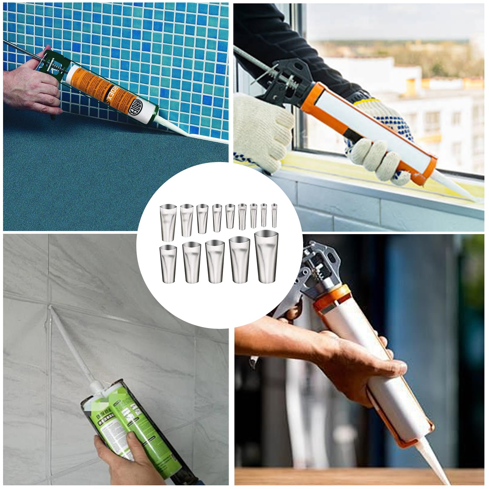 14Pieces Stainless Steel Caulking Nozzle Set Sealant Tip For Various Sizes Cartridges Dispensing Tip Comfortable Grip