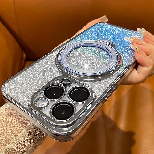 Miniatura 2 de Funda magnética con purpurina para iPhone 15 Pro Max con soporte de anillo giratorio, compatible con MagSafe protector de lente de cámara chapado de