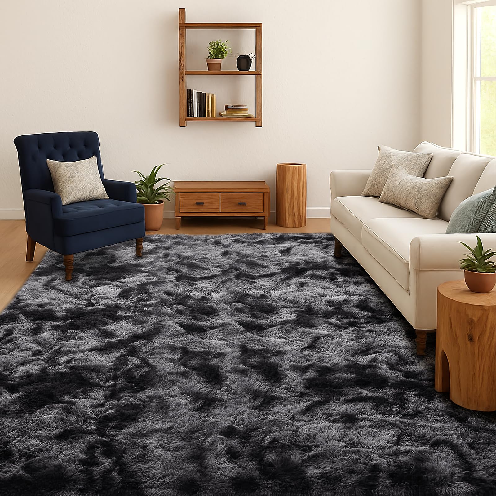SOANNY Hochflor Wohnzimmer Teppich, Waschbar Anti-Rutsch & Flauschig, Tie-Dye Langflor Shaggy Teppiche für Schlafzimmer & Kinderzimmer, Bettvorleger Matte, 160 x 230 cm, Dunkelgrau