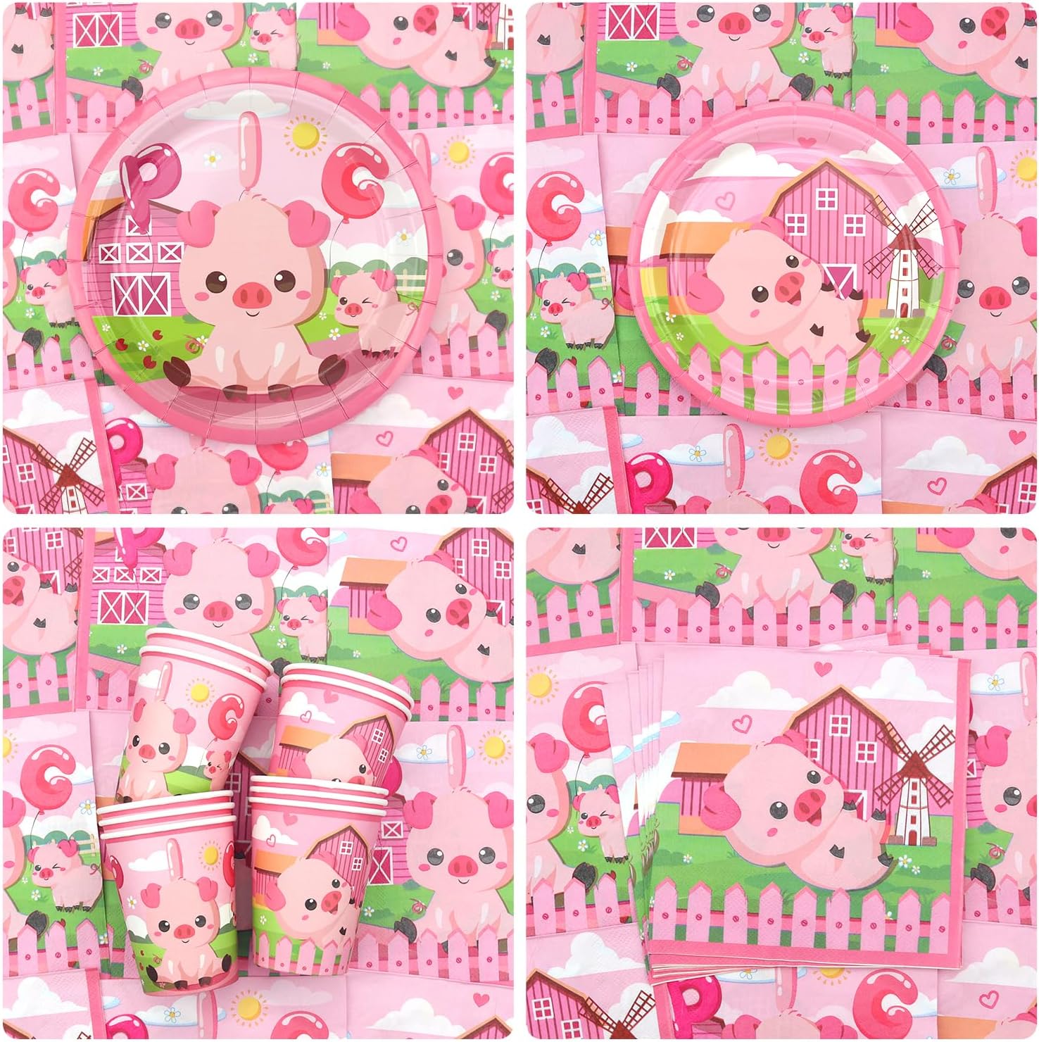 Pig Party Decoration - Pink Pig Birthday Party Tableware Supplies Includes Plates, Cups, Napkins, Tablecloth, Straws (20)