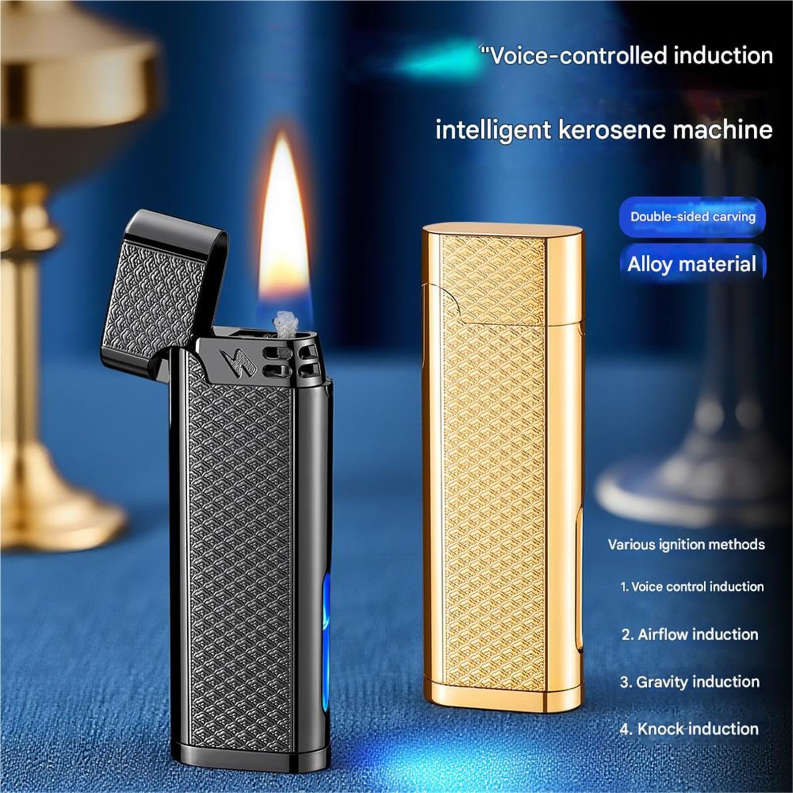 Encendedor de queroseno con control de voz, cuatro modos de encendido, elegante cuerpo de metal, luces coloridas, perfecto para regalos y coleccionables